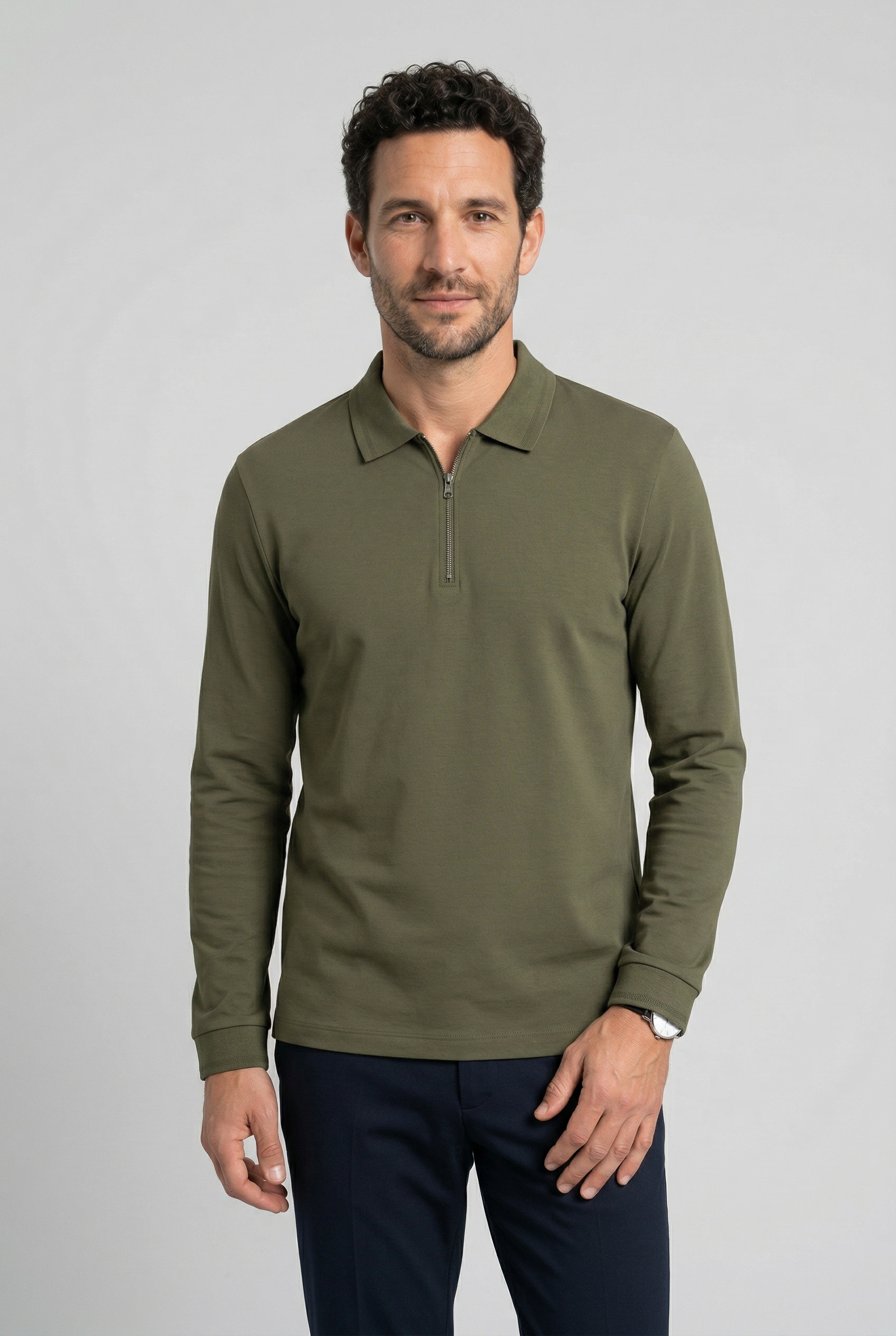 OLYMP Langarm-Poloshirt unifarben, Polokragen, regular fit, casual
