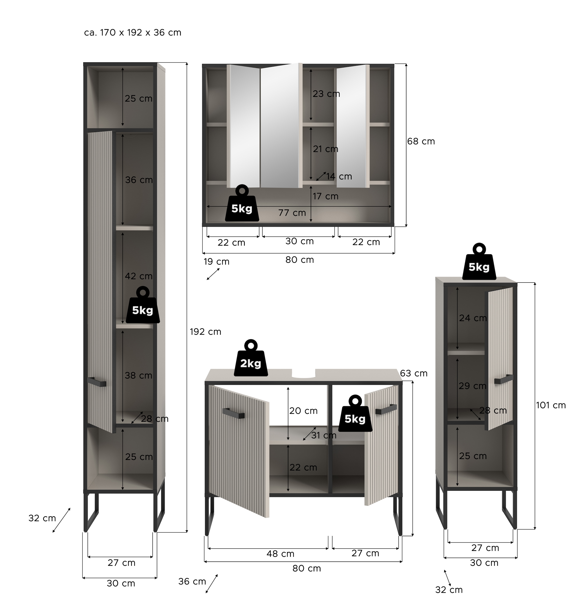 welltime Badmöbel-Set »Locri, Breite 170 cm, Rillenoptik, Metallkufen«, (4 St.), Hochschrank, Waschbeckenunterschrank, Spiegelschrank, Standschrank