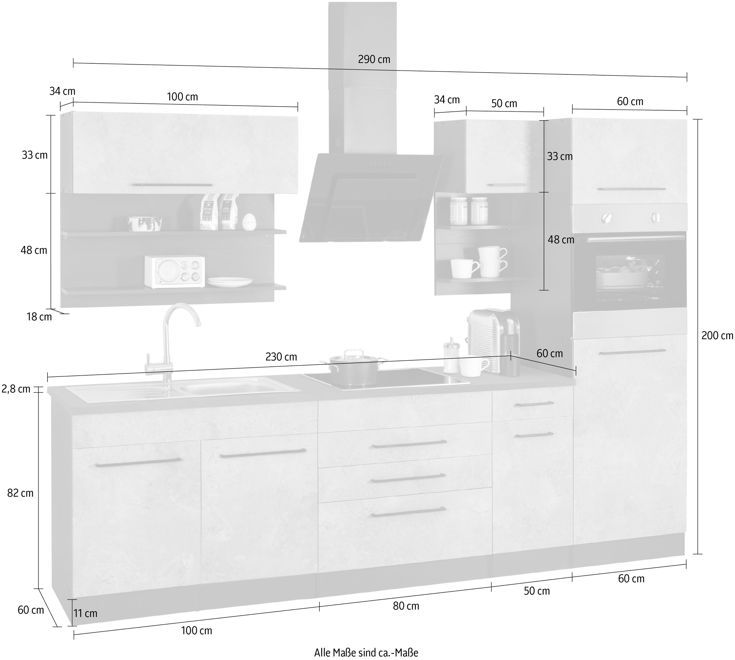 KOCHSTATION Küchenzeile »KS-Tulsa«, mit E-Geräten, Breite 290 cm, schwarze Metallgriffe, MDF Fronten