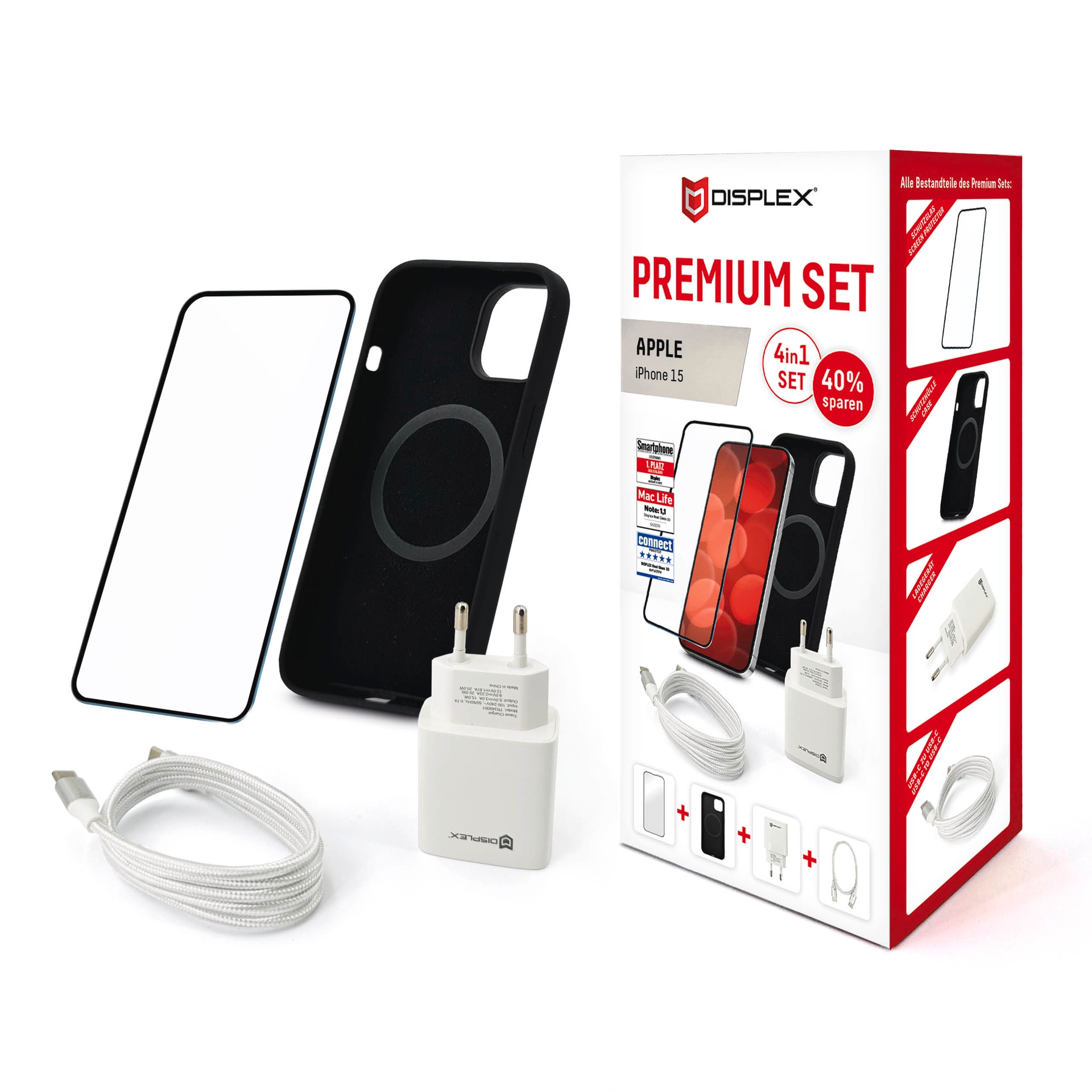 Displex Displayschutzglas »Premium Set 4in1«, für Apple iPhone 15, (Set, 4 St., bestehend aus Displayschutz, Case, Kabel, Netzteil), Displayschutzfolie Schnellladegerät 20 W MagSafe USB-C zu USB-C-Kabel