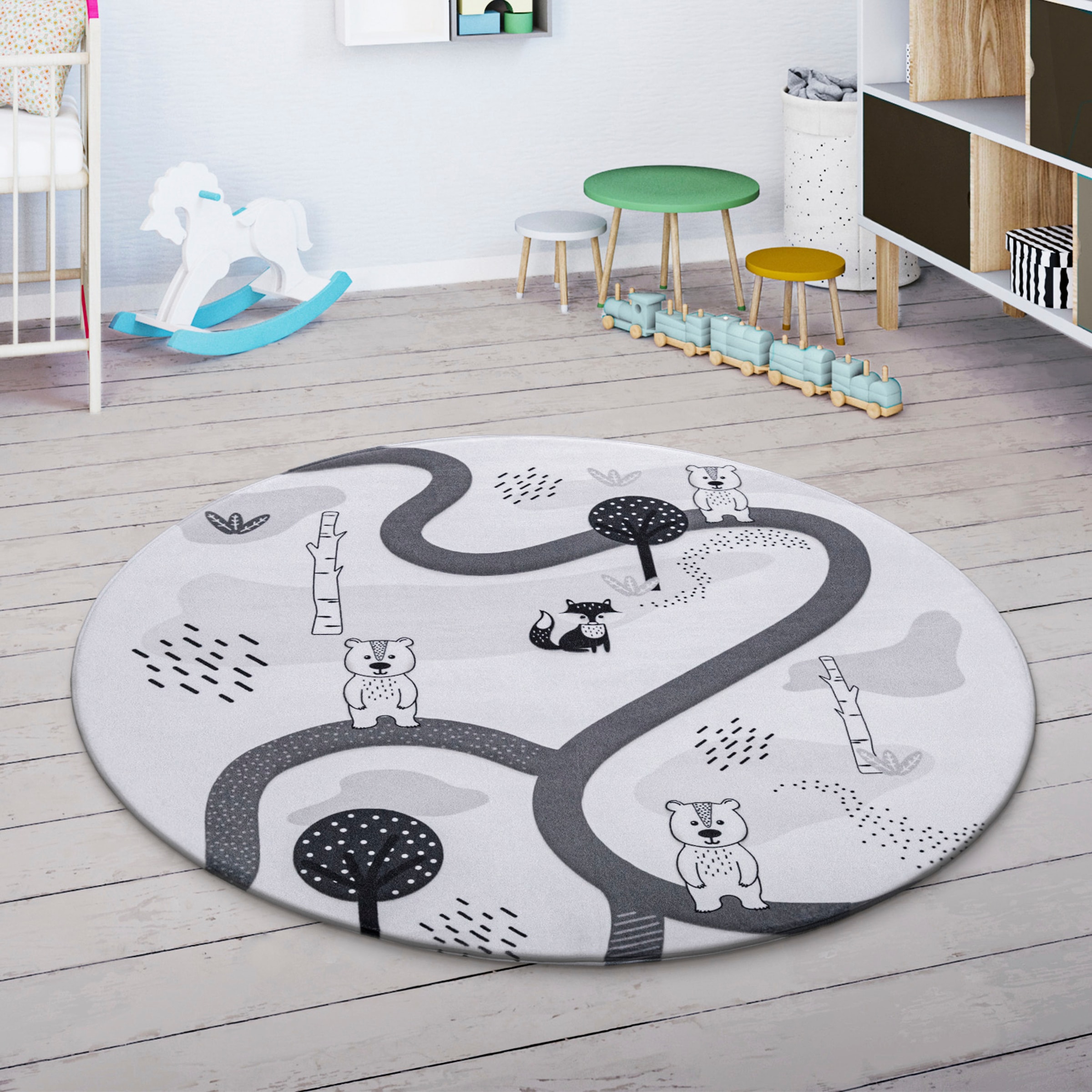 Paco Home Kinderteppich »Chicos 560«, rund, 4 mm Höhe, Flachgewebe, Straßen-Spiel-Teppich, Kinderzimmer