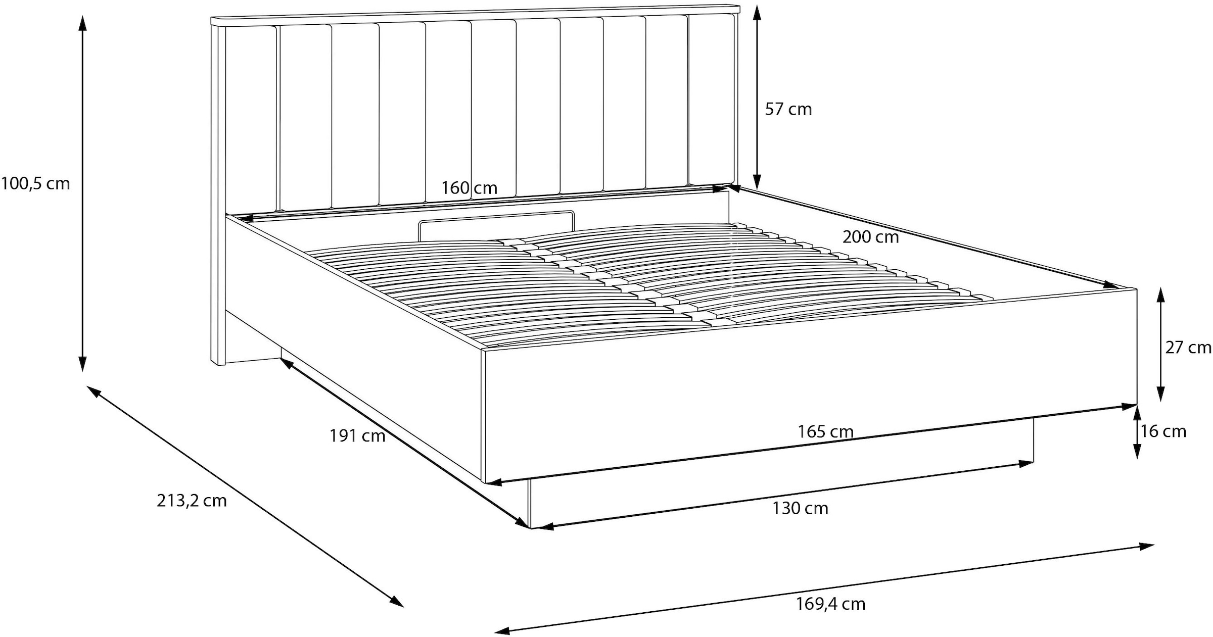 FORTE Bettgestell »Forte Seravel Bettanlage 140 o.160,  Lamellenoptik, warme Holznuancen« inklusive Beleuchtung, aufklappbarer Lattenrost, Stauraum