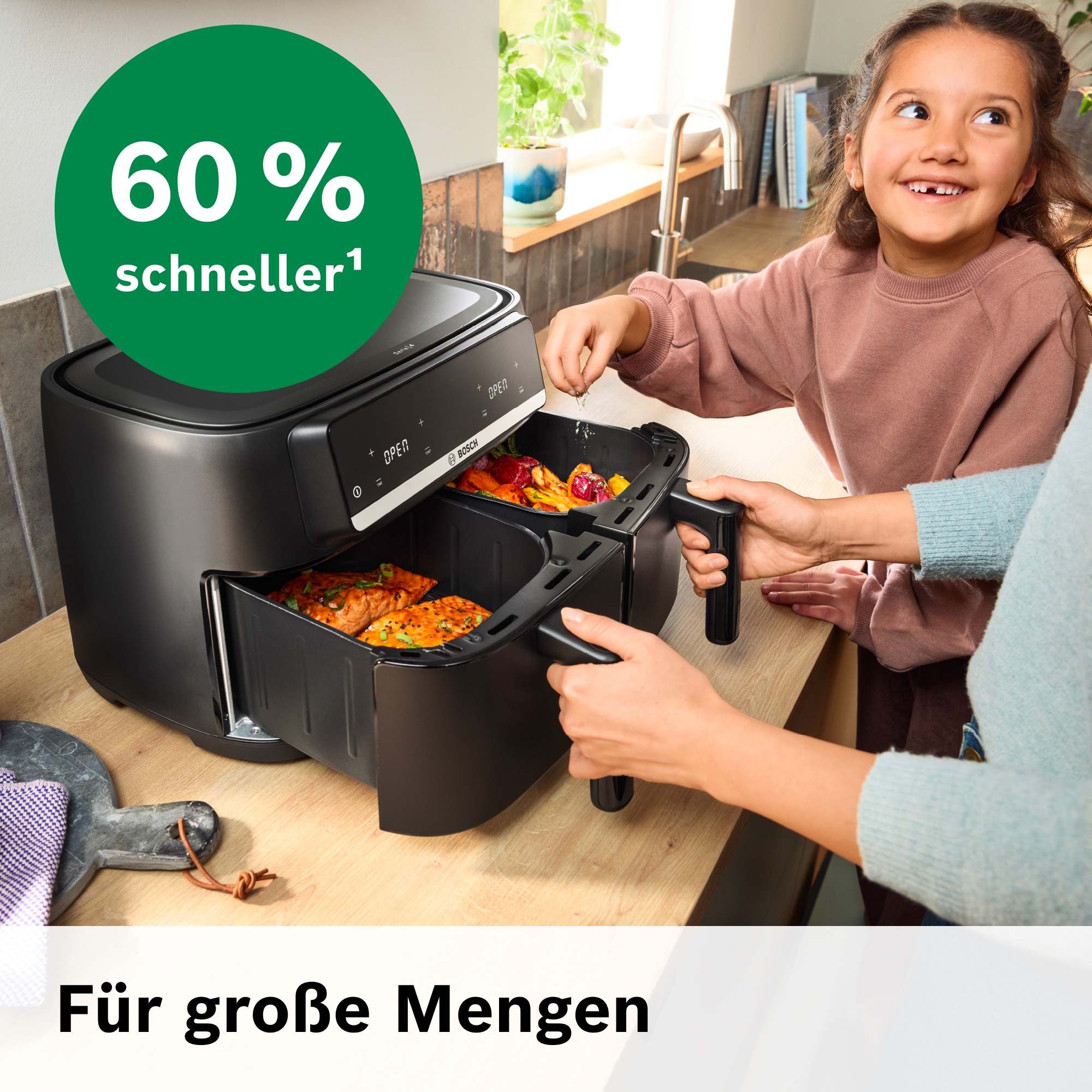 BOSCH Heißluftfritteuse »Airfryer MAFD440B0, 2* 4,5L Kammer, spülmaschinengeeignet, schwarz« 2500 W PFAs frei, einfache Reinigung, 6 voreingestellte Programme