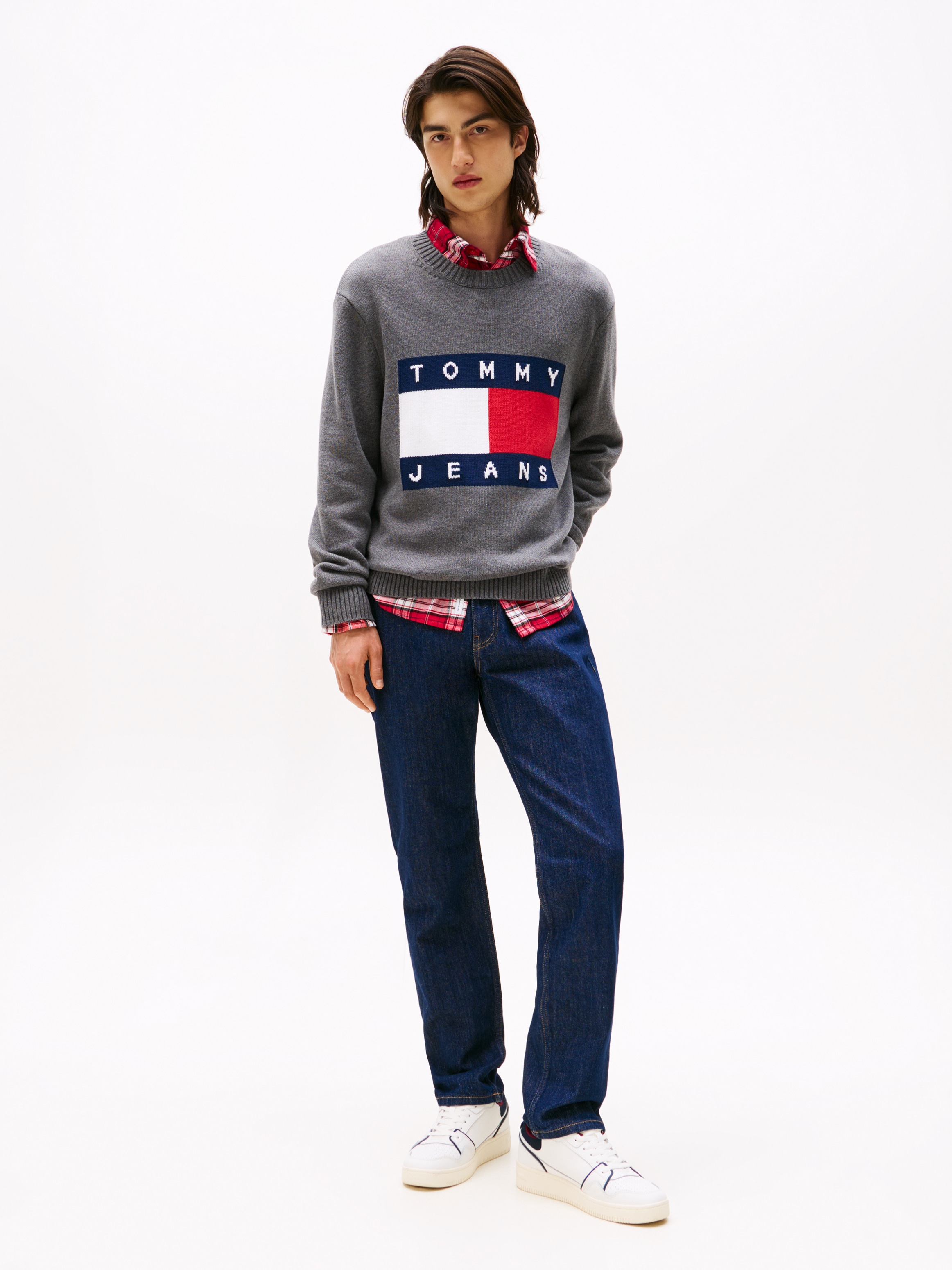 Tommy Jeans Strickpullover »TJM MELANGE FLAG SWEATER«, Regular Fit, Rundhals Retro Flag Classic