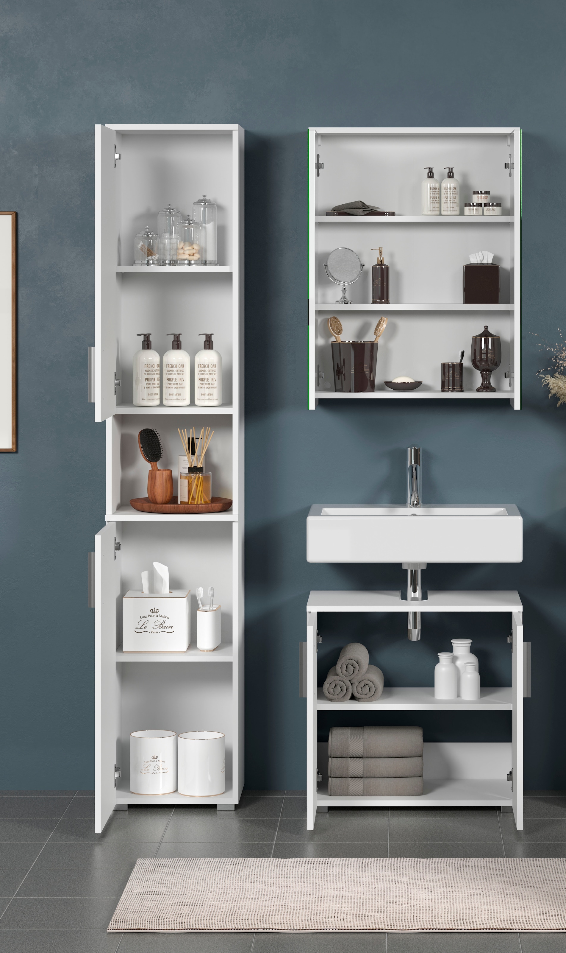 welltime Badezimmer-Set »Prag«, (Set, 3 St.), Hochschrank, Waschtisch und Spiegelschrank mit vertikalen Fräsungen