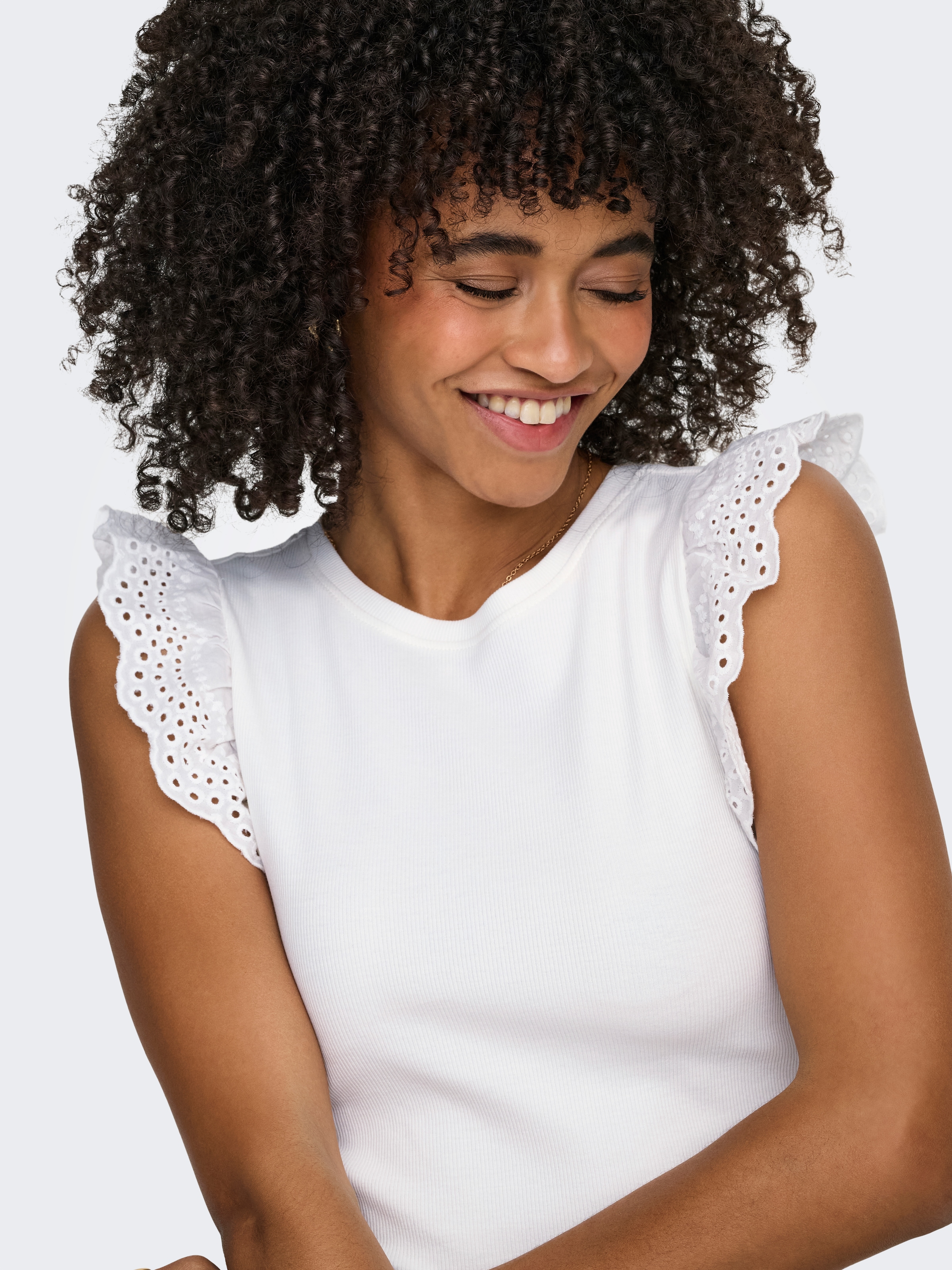 ONLY Rüschentop »ONLMATHILDA S/L LACE DETAIL TOP JRS NOOS« Baumwollmischung, regular fit, Rundhals
