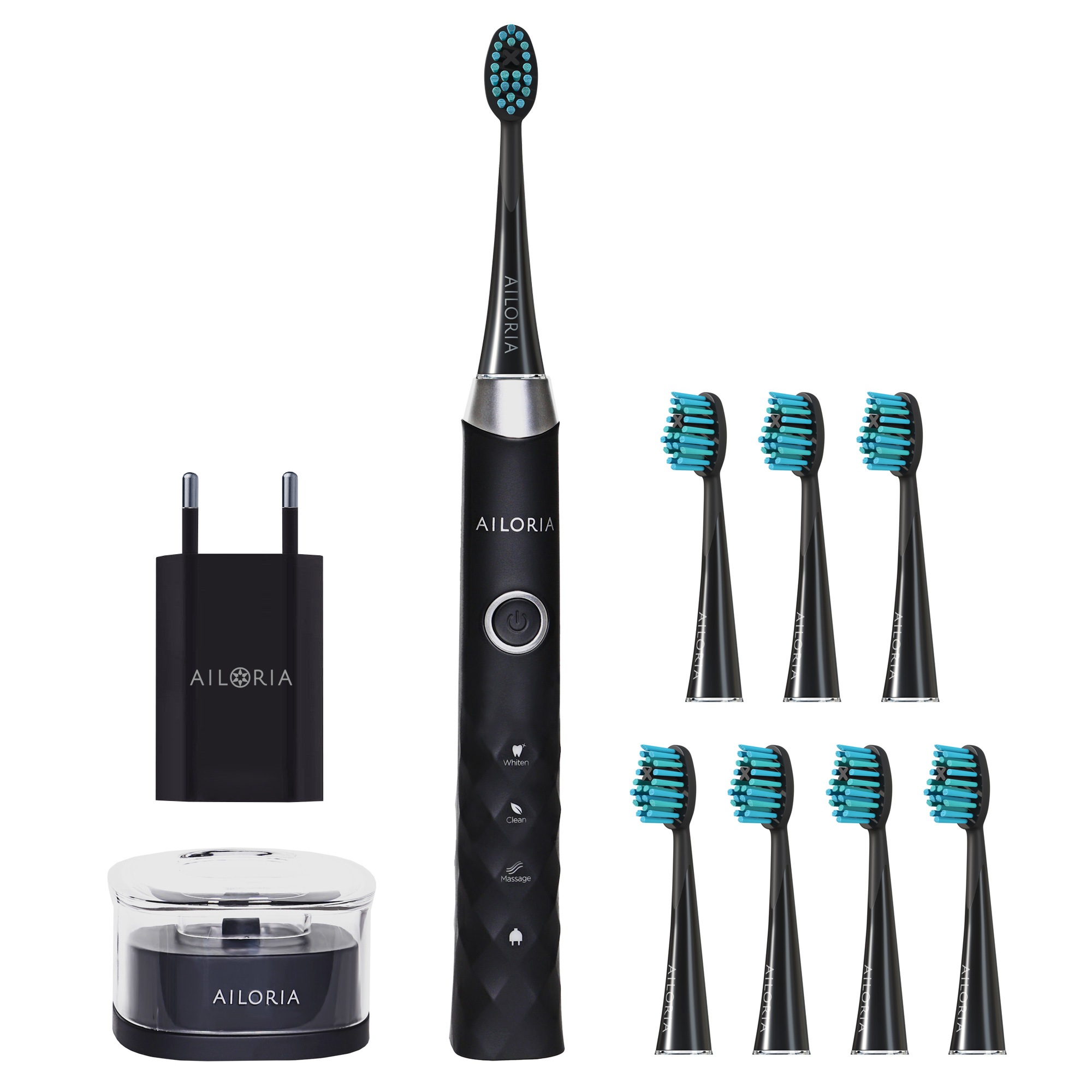 AILORIA Schallzahnbürste »SHINE BRIGHT«, 8 St. Aufsteckbürsten, schwarz/silber inkl. 8 Bürstenköpfe und USB Ladegerät