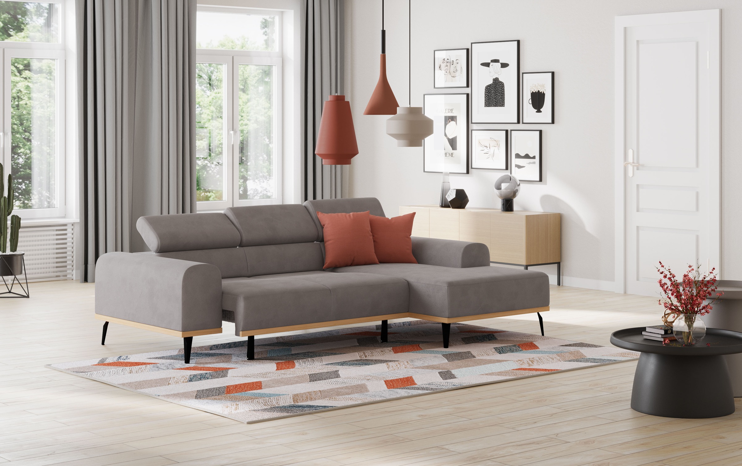 Places of Style Ecksofa »Carlo L-Form«, mit Kopfteilverstellung & Holz-Rahmenoptik, wahlweise Relaxfunktion