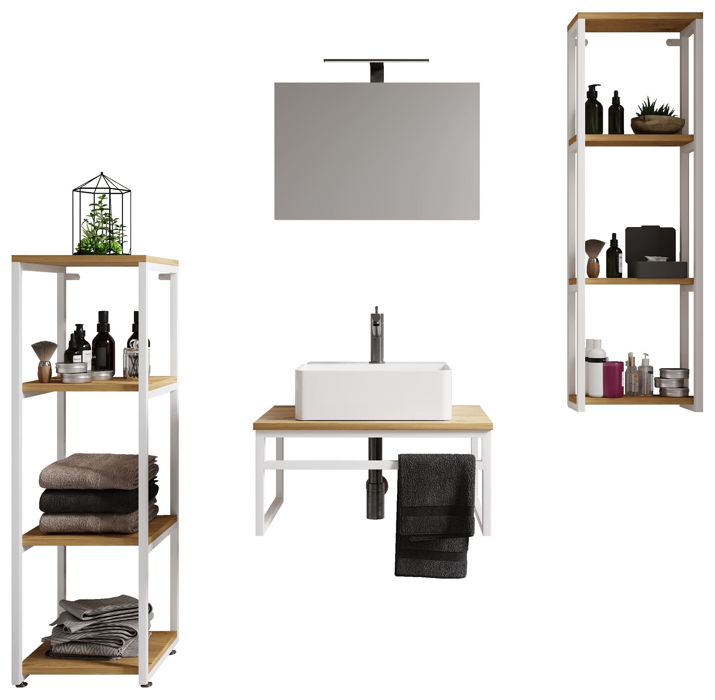 VCM Waschbeckenunterschrank »VCM 5-tlg. Waschplatz Waschtisch Badmöbel Set Waschbecken Holz Metall Industrial Styl Bitila 60 V1«, (5 St.)