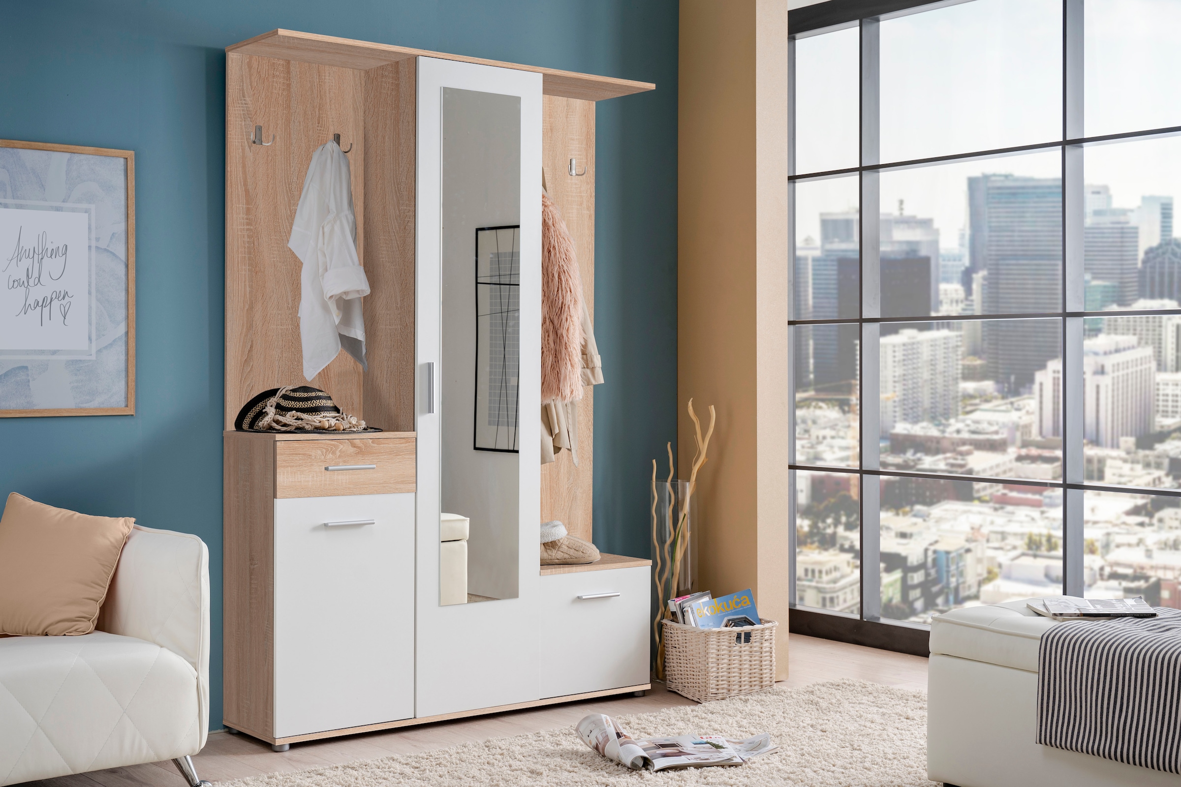 INOSIGN Kompaktgarderobe »Martin Flurgarderobe, Dielenschrank, Flurmöbel, Breite 134 cm«, Schuhschrank, mit Spiegel, in modernen Farben, mit 10 Haken