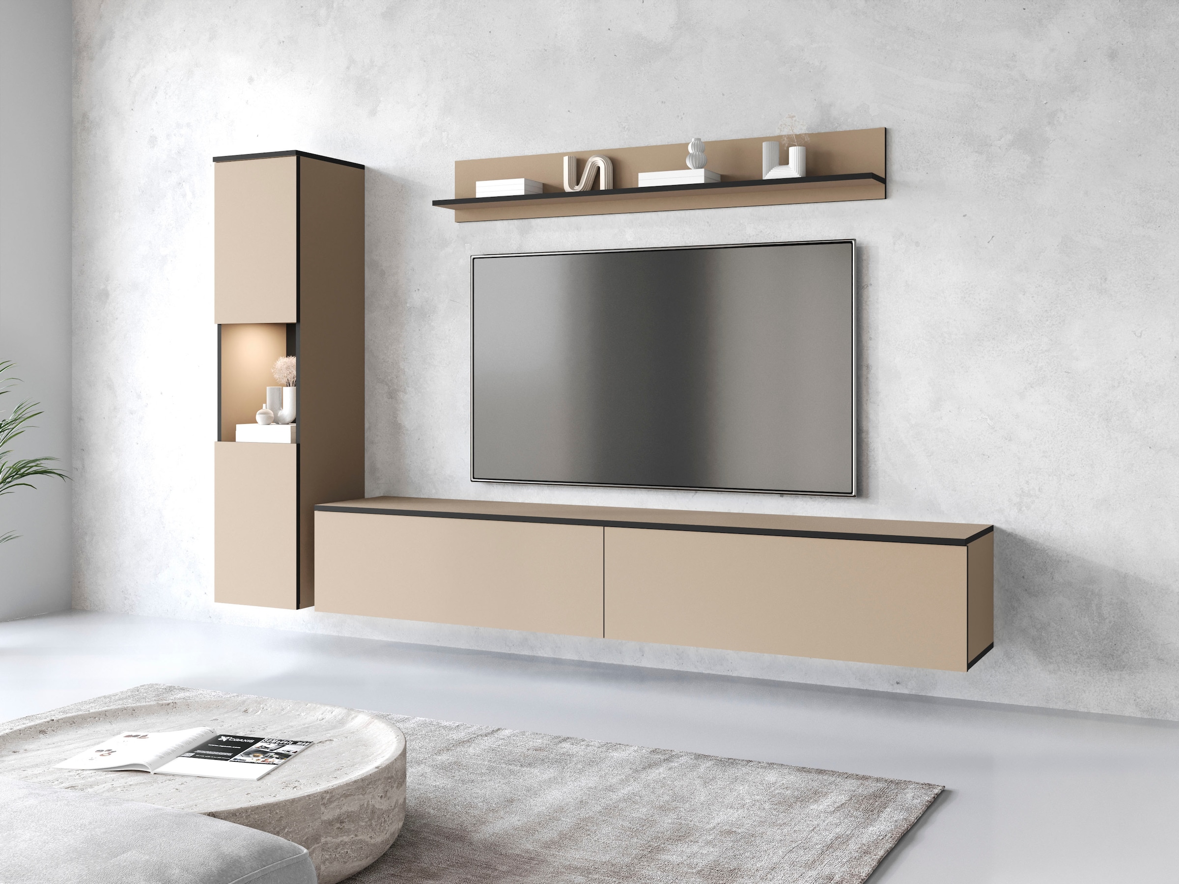 INOSIGN Wohnwand »PARIS«, (Komplett-Set, 3 St.), TV-Wand 220cm breite, grifflose Design, stehend und hängend montierbar