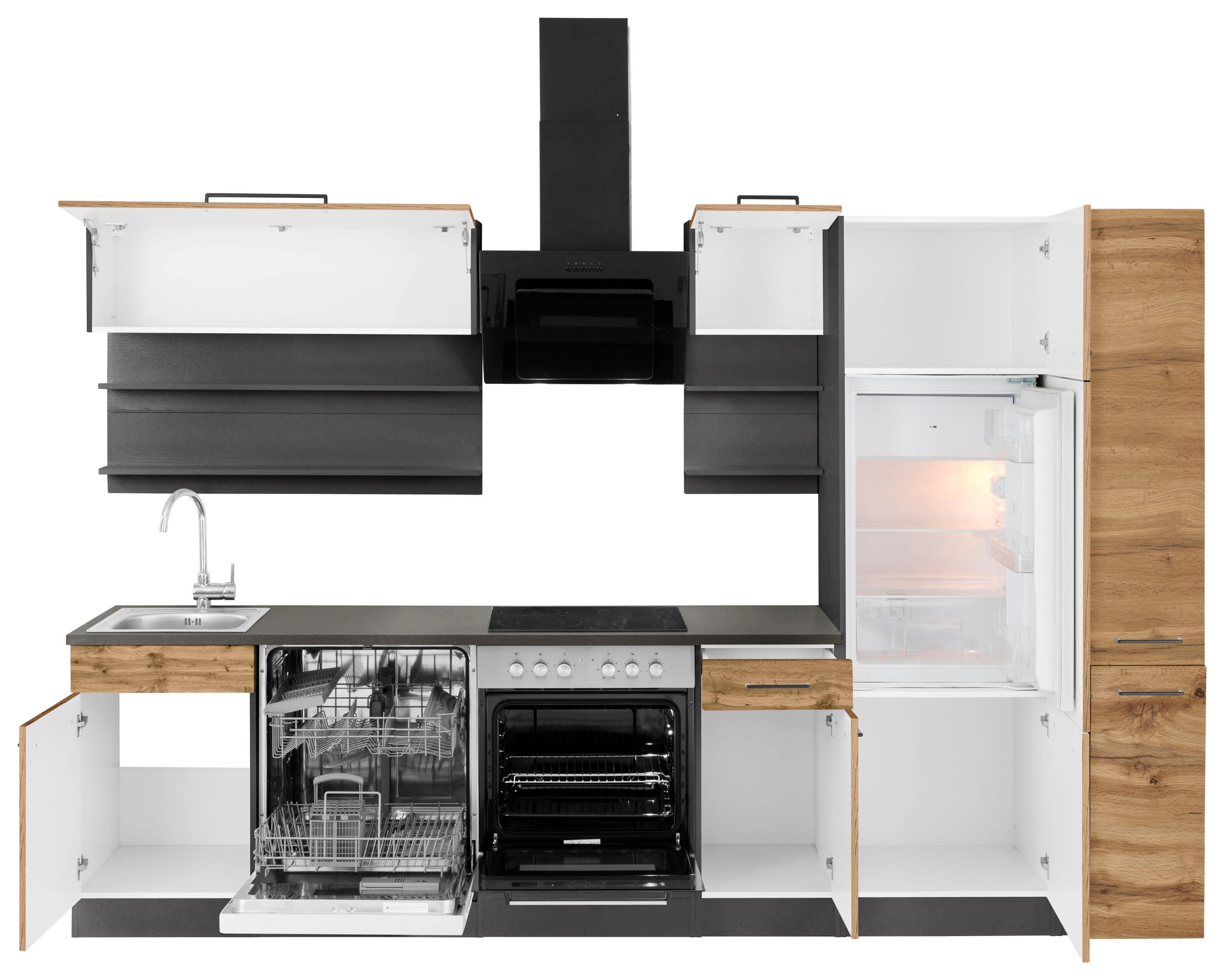 KOCHSTATION Küchenzeile »KS-Tulsa«, mit E-Geräten, Breite 300 cm, schwarze Metallgriffe, MDF Fronten