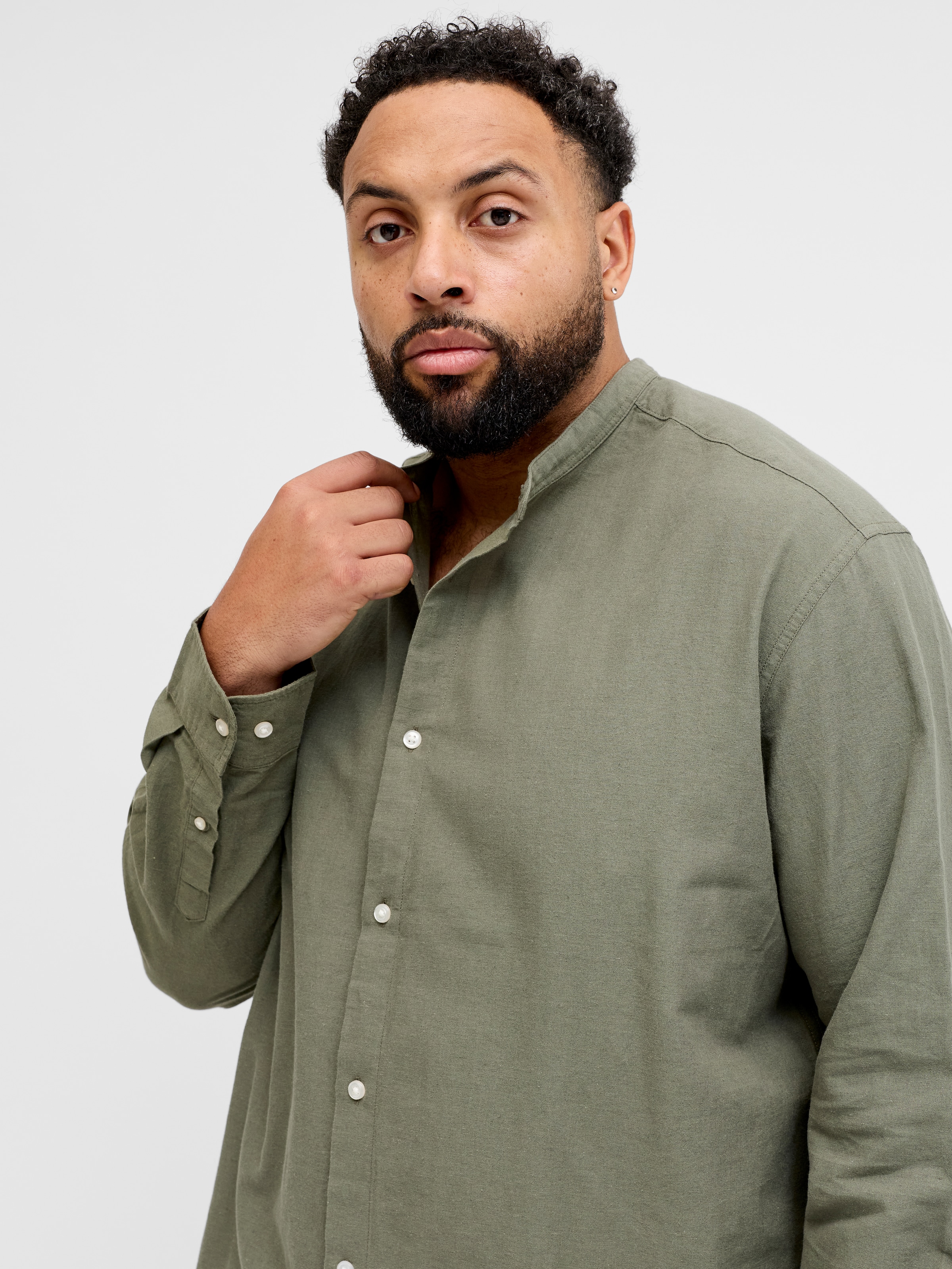 Jack & Jones PlusSize Langarmhemd »JJEBREEZE LINEN BLEND BAND SHIRT L PLS« mit Stehkragen