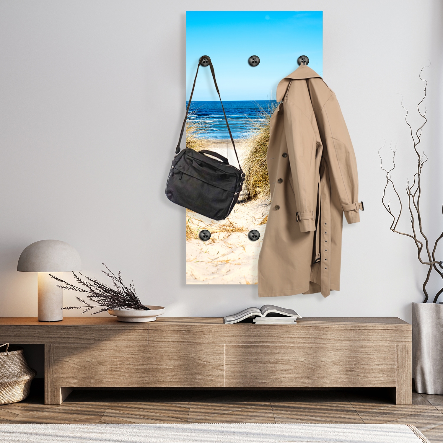 queence Wandgarderobe »Strand auf Rügen« 1 Stk. tlg. Wandpaneel aus Acrylglas inkl. 6 Edelstahlhaken in schwarz matt