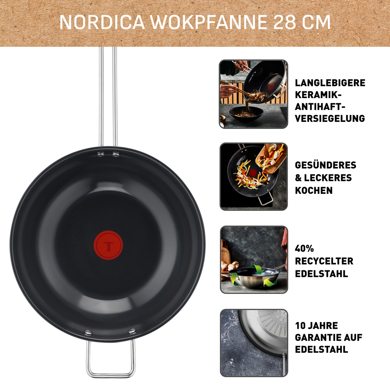 Tefal Wok »Nordica, beschichtete Wokpfanne Induktion Ø 28 cm, Thermo-Signal« Edelstahl minimalistisches Design, robuster Griff, für alle Herdarten, H87119