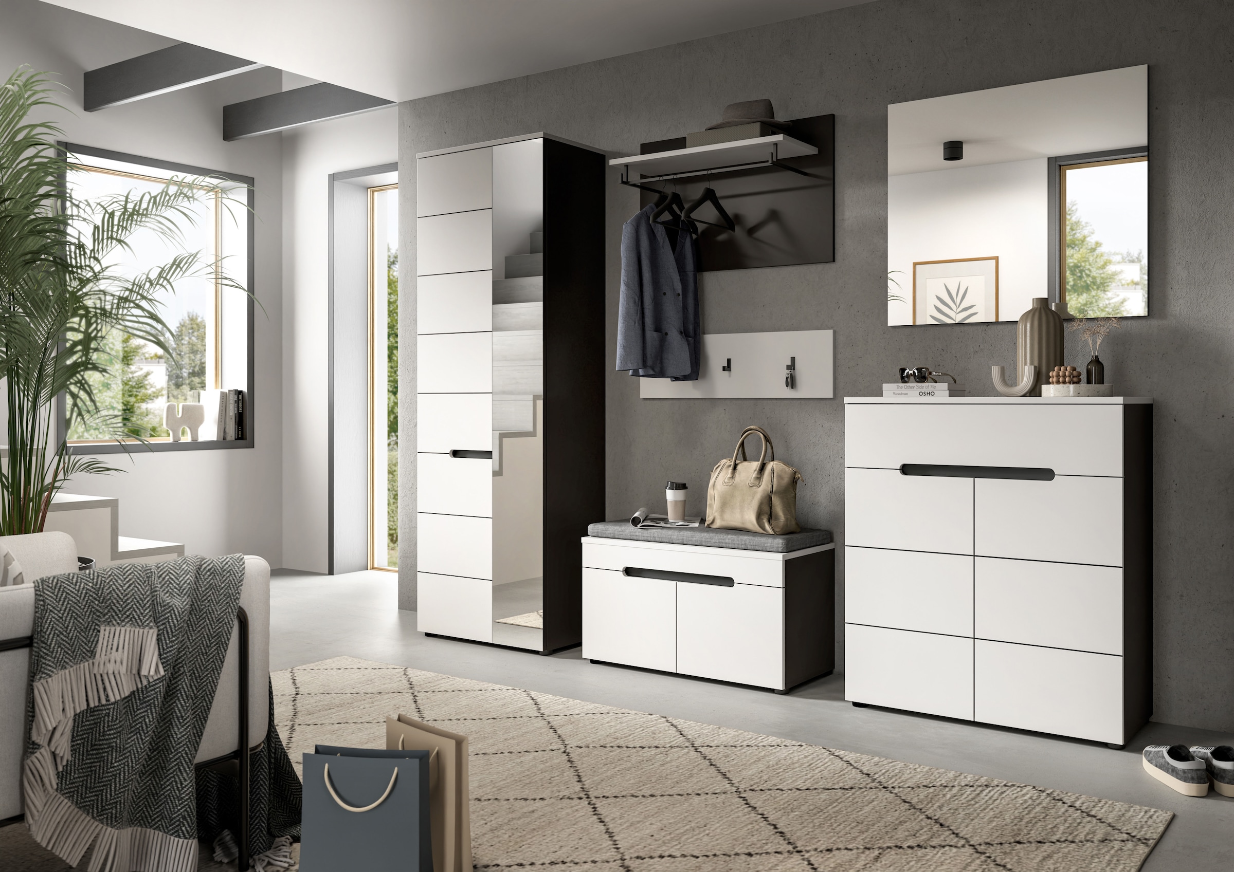 INOSIGN Garderoben-Set »REHAT, TOPSELLER!, 6-teilig, Breite 255 cm, individuell erweiterbar« Set, Schrank, Sitzbank, Sitzkissen, Paneel, Hakenleiste, Spiegel, Kommode, 6 Stk. tlg.