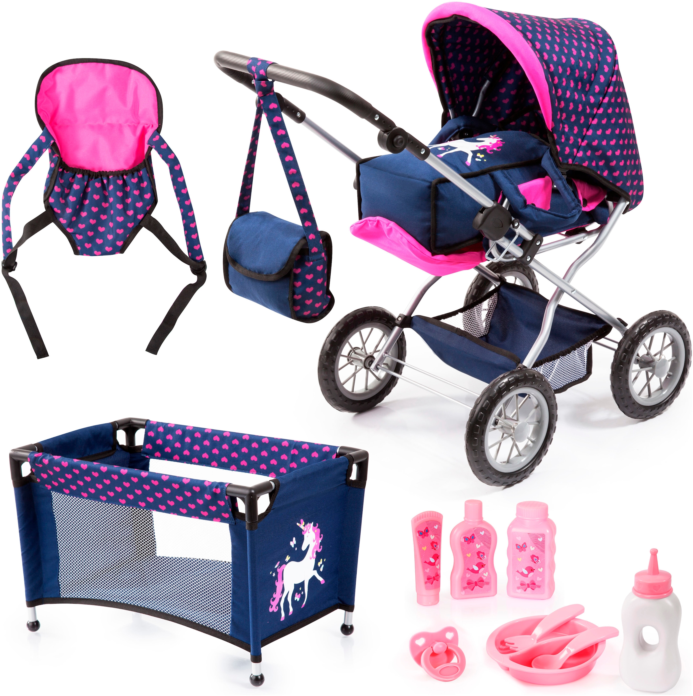 Kombi-Puppenwagen »Grande, blau/pink«, (Set), mit Reisebett, Schnuller, Geschirr und...