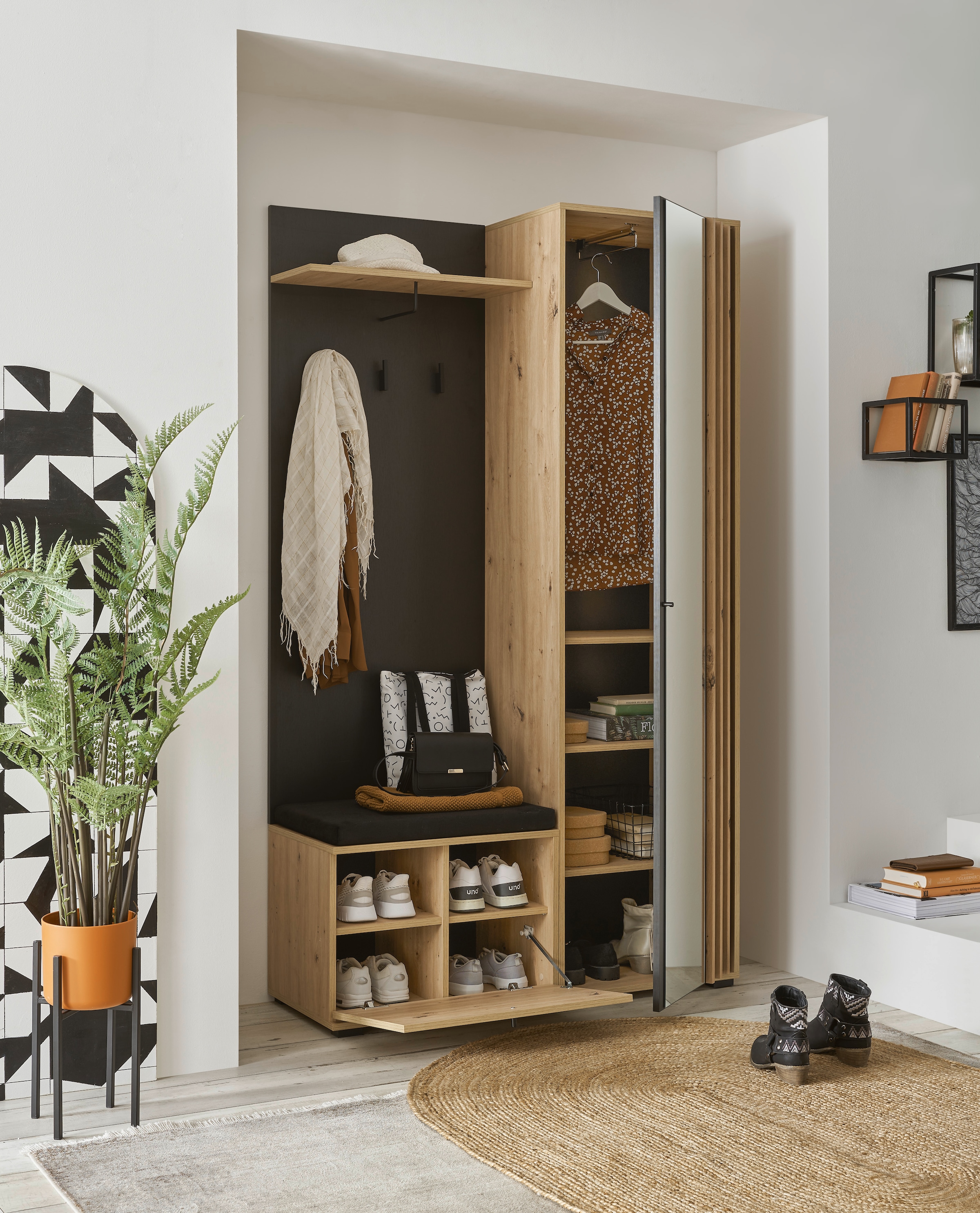 HBZ Kompaktgarderobe »Volano«, (1 St.), schwarz Eiche Artisan, Garderobe mit Spiegelement