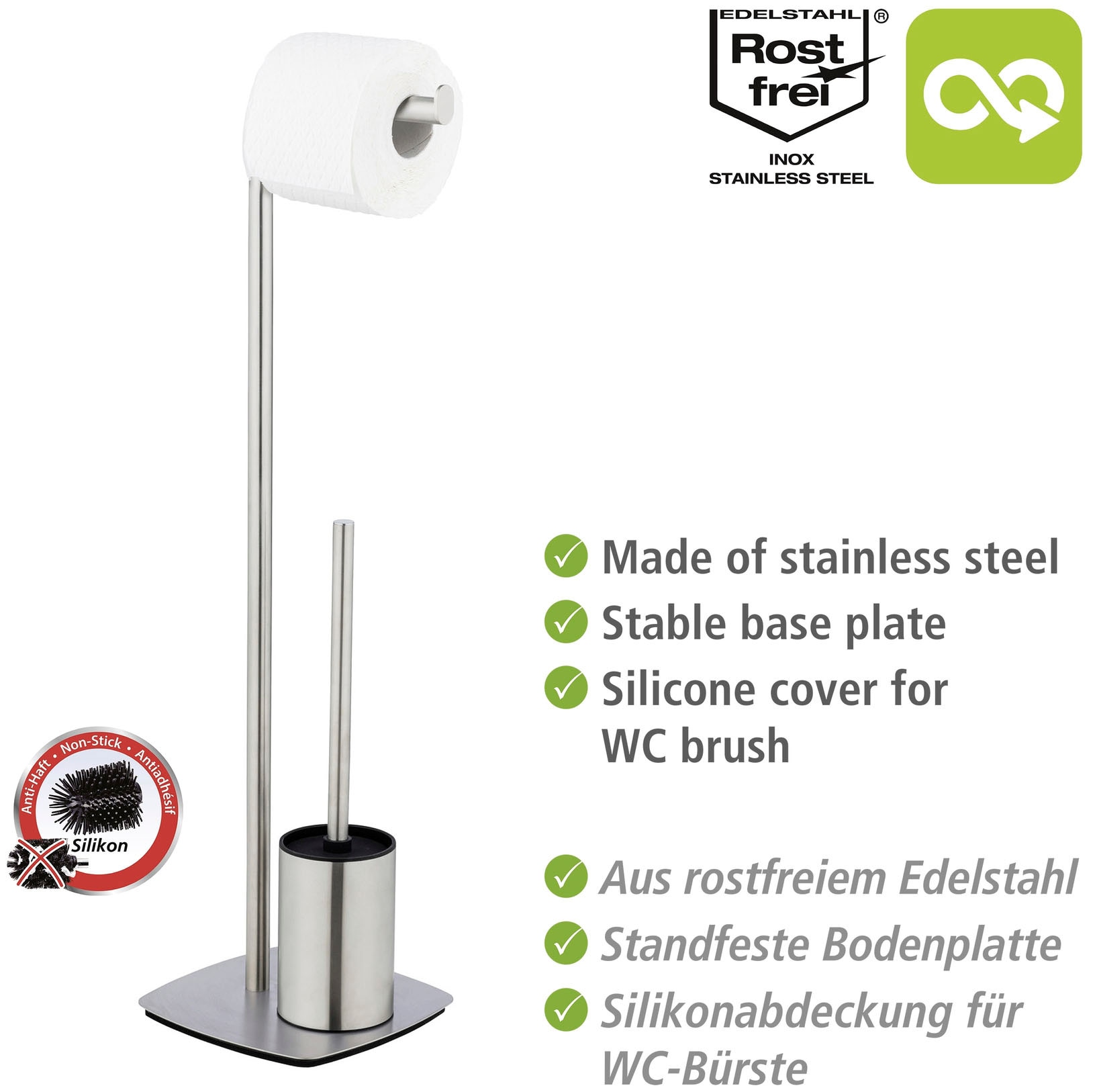 WENKO WC-Garnitur »Iria«, aus Edelstahl, mit WC-Papierrollenhalter und WC-Bürste