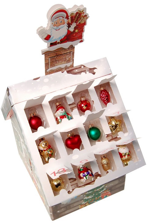 my home Adventskalender »Roana, Weihnachtsdeko«, für Erwachsene, Adventskalender-Haus mit Minifiguren, handdekorierte Mini-Glaskugeln