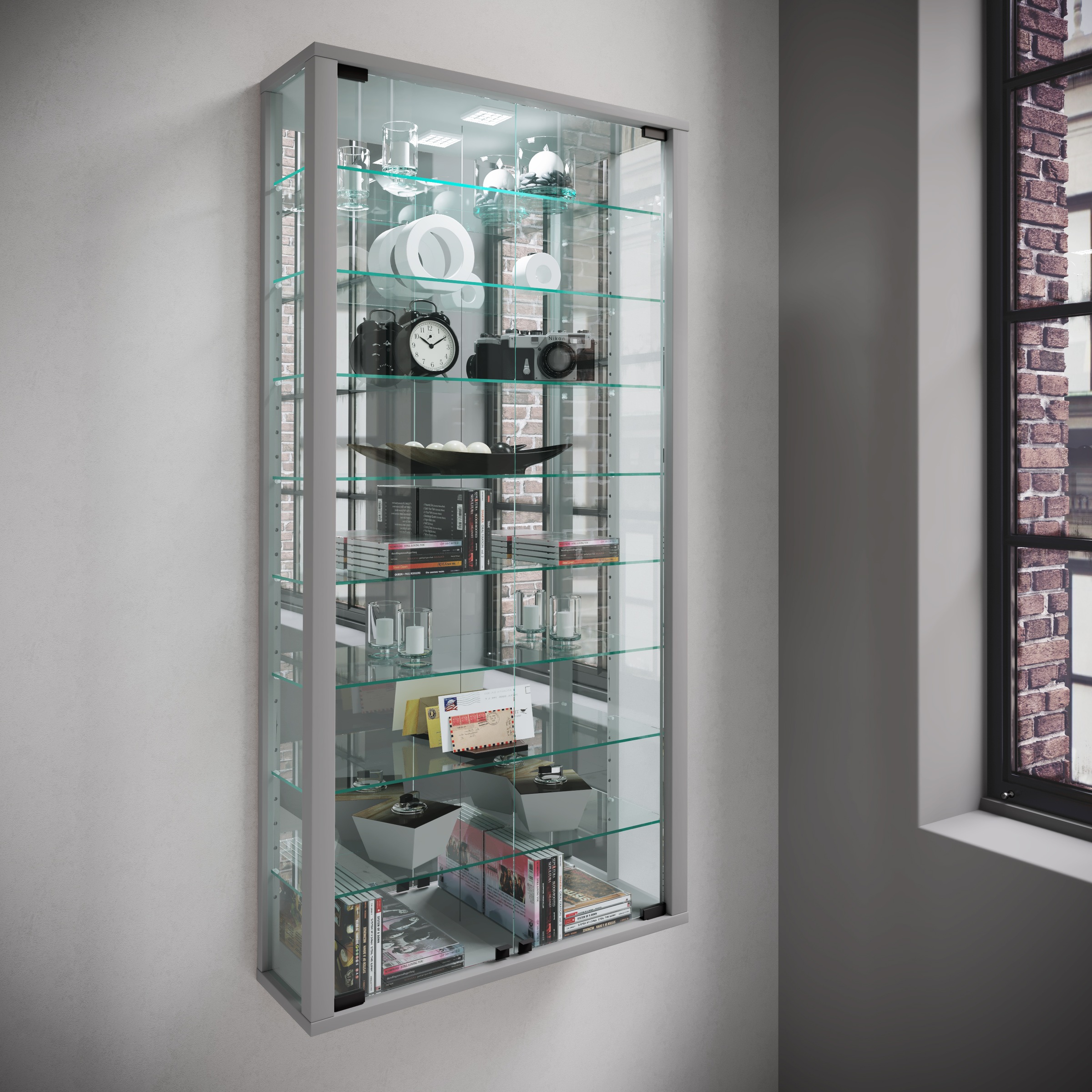 VCM Wandregal »VCM Glasvitrine hängend | Vitrine Glas mit ESG-Sicherheitsglas | Maße ca. H. 115 xx B. 59 x T. 18 cm| Hängevitrine Glas | Modern und platzsparend | Glas Vitrinenschrank - Vitrosa Maxi Spiegel«