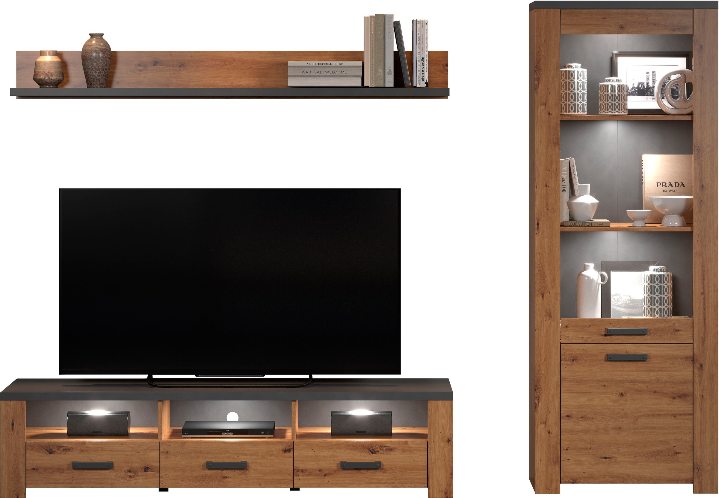 Home affaire TV-Wand »Ambres«, (3 St.), Kleines, modernes TV-SET, Echtholzoptik, Breite ca. 268 cm, matt
