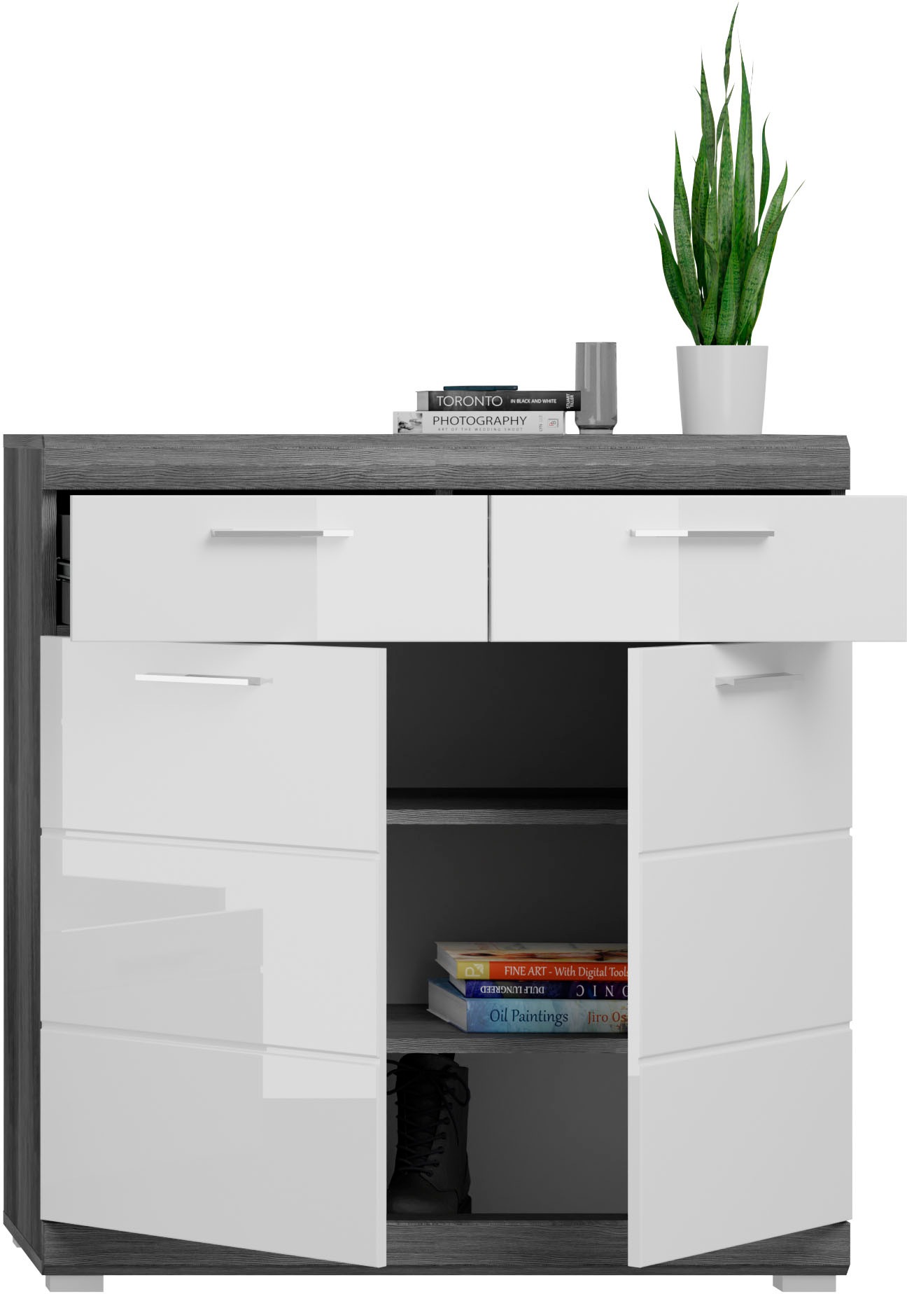 INOSIGN Garderoben-Set »Siena, Fronten mit hochwertiger Rillenfräsung, 4-teilig,bestehend aus:«, (4 St.), Sitzbank, Garderobenpaneel, Schuhschrank & Garderobenspiegel