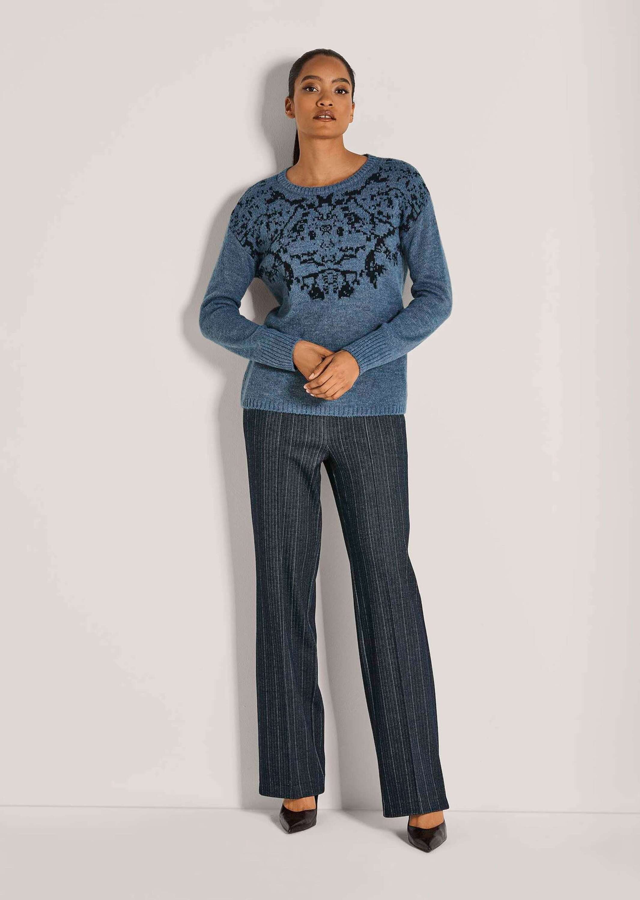 MADELEINE Longpullover »Strickpullover Eleganter Jacquard-Pullover mit Rundhals« kontrastfarbiger Jacquard