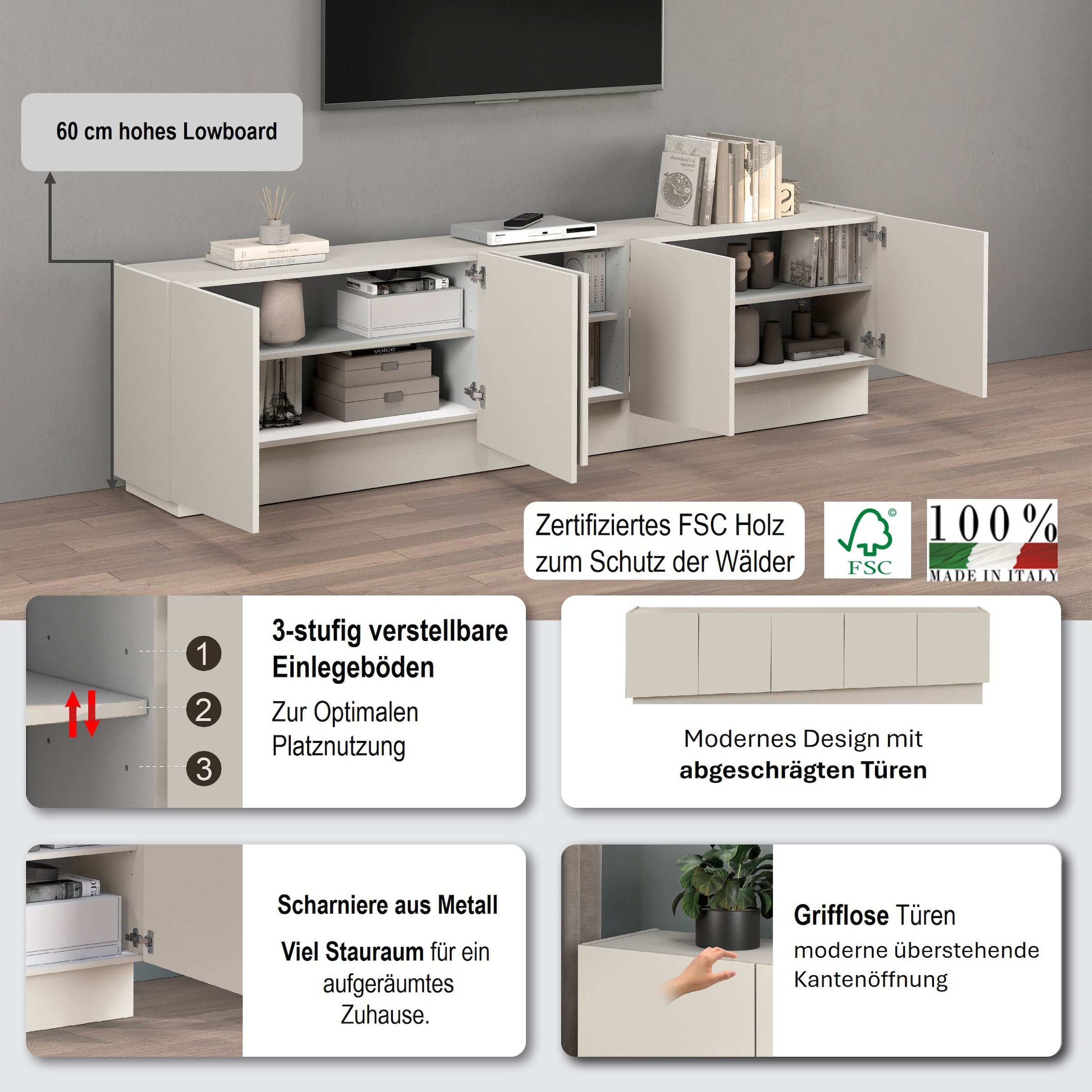 INOSIGN Lowboard »VELA, Höhe 60 cm, Breite 225 cm,Design mit schrägen Türen«, (1 St.), Made in Italy, Maße-B/T/H: 225x35x60, Lowboard, TV-Board, TV-Kommode