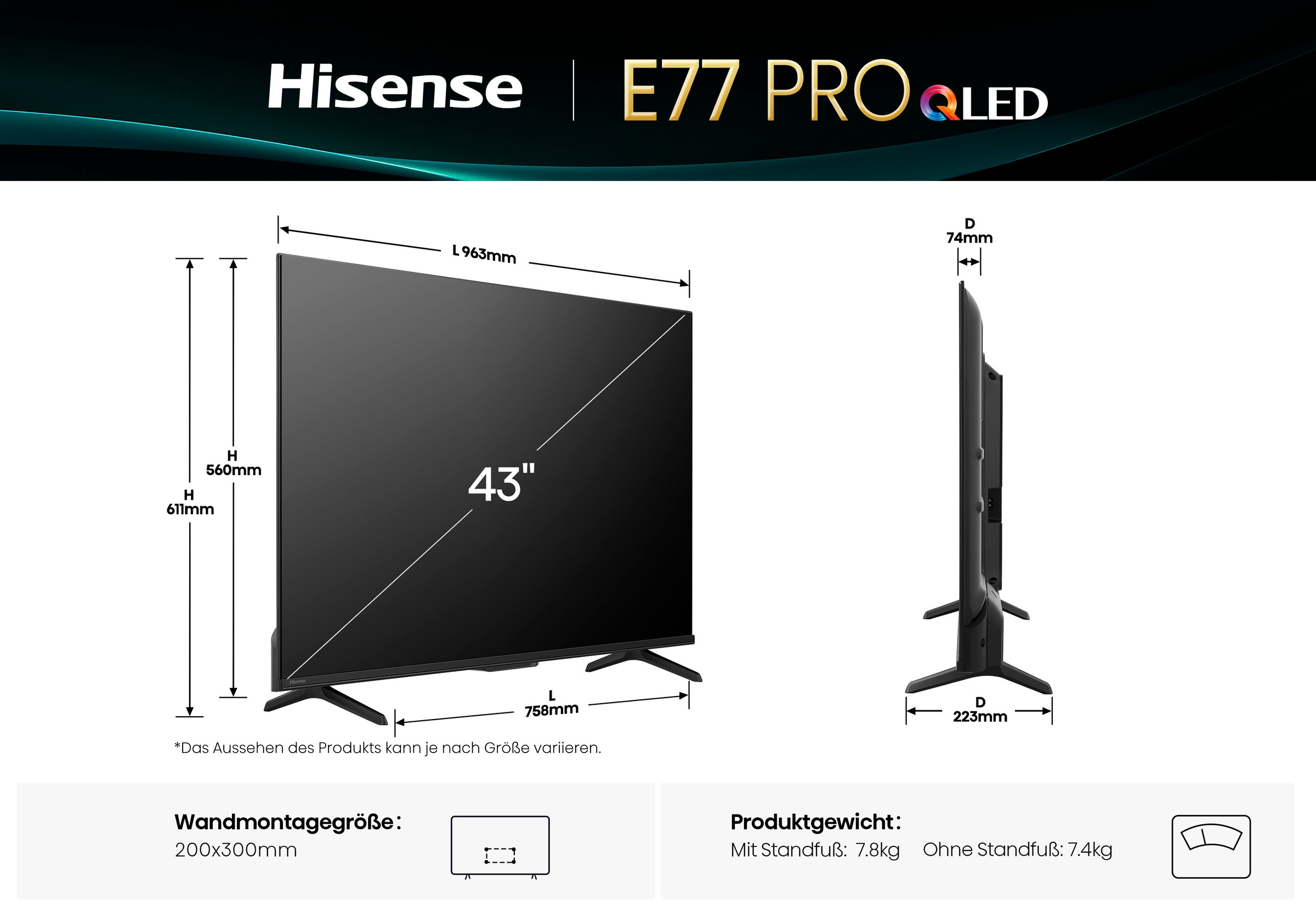 Hisense QLED-Fernseher »43E77Q PRO«, 4K Ultra HD, Smart-TV, 4K UHD QLED