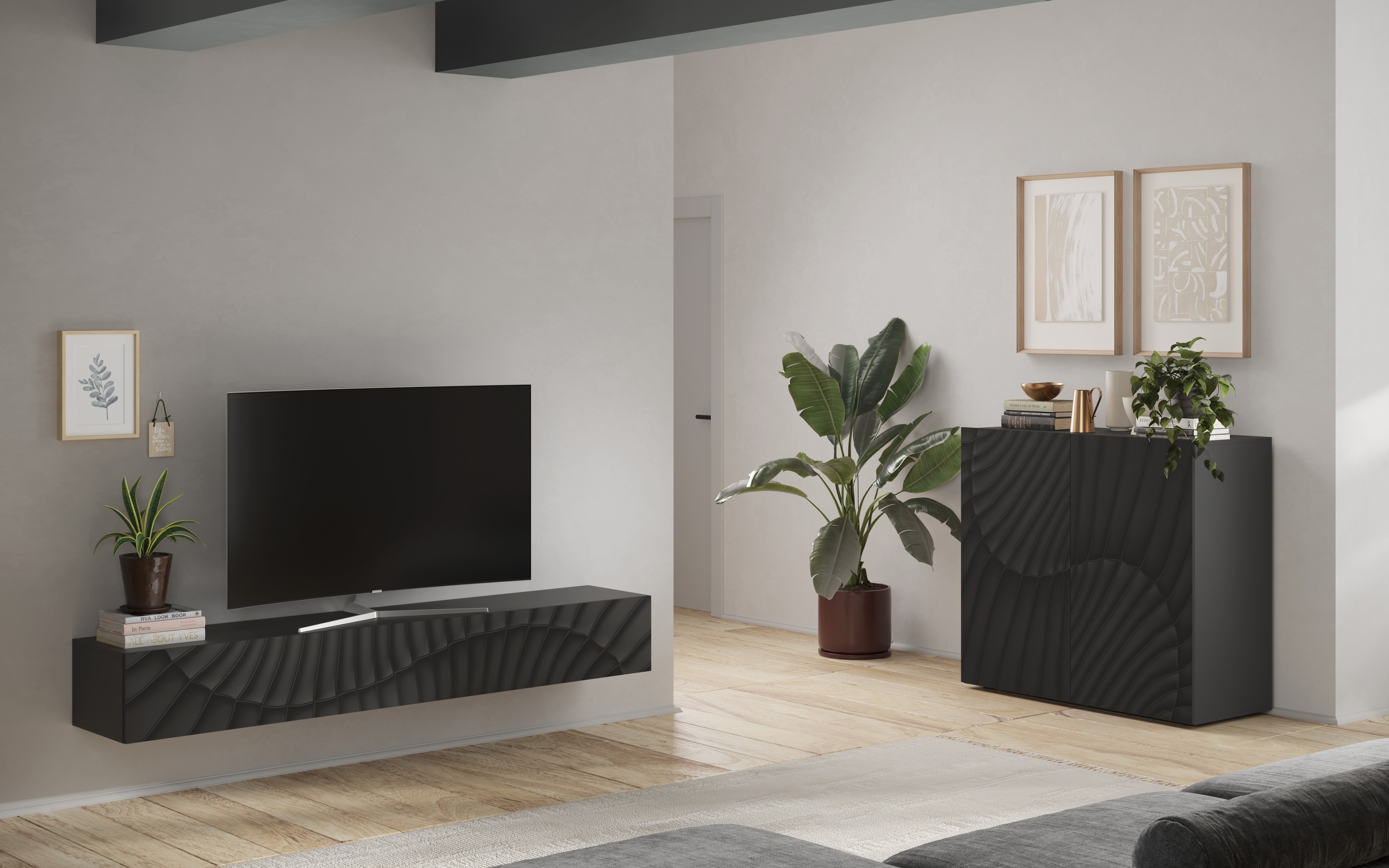 INOSIGN Lowboard »Snake Breite 210 cm, modernes TV-Board hängend mit 1 Klappe,«, TV-Möbel, TV-Schrank, Front mit Siebdruck