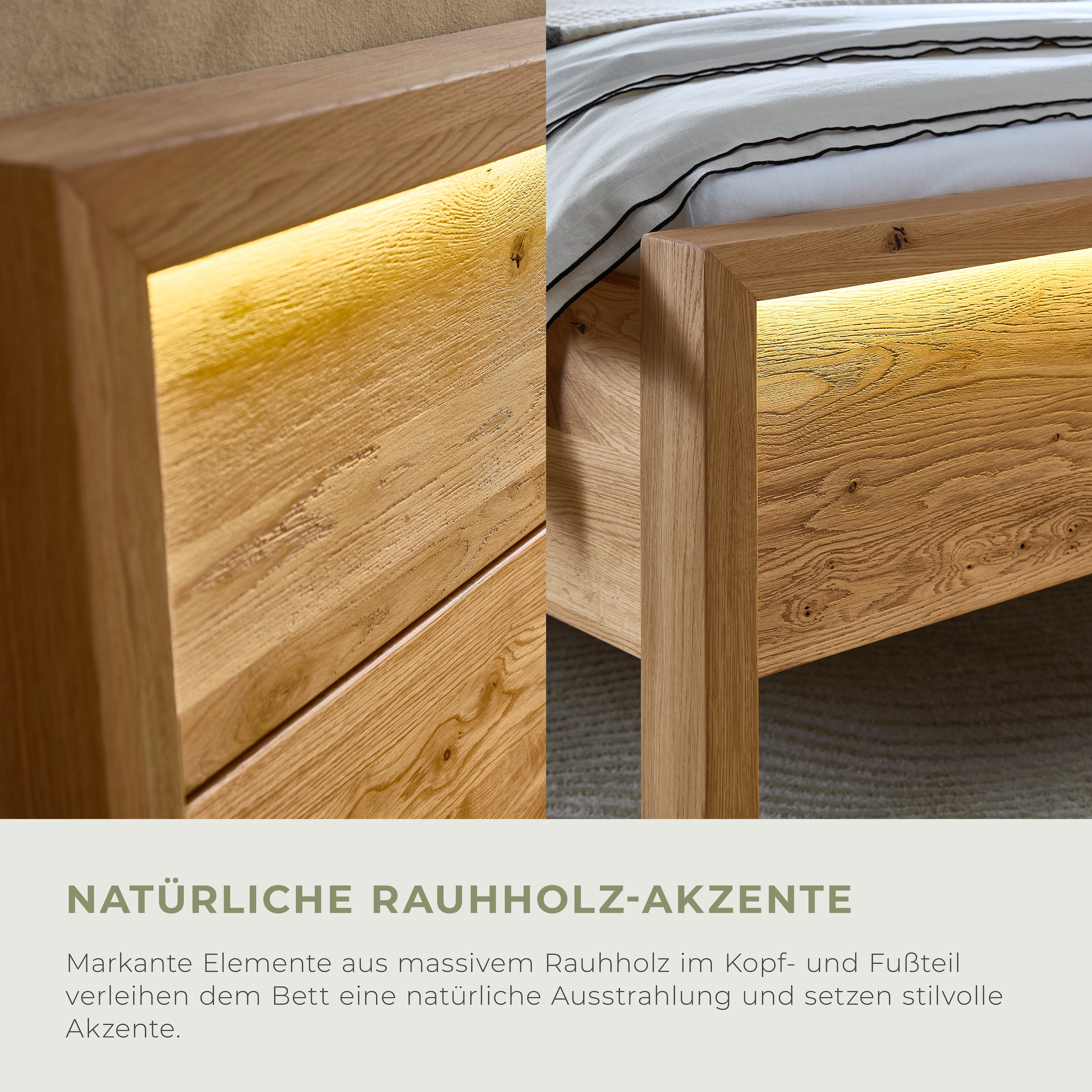 Home affaire Massivholzbett »Ambroise aus Wildeiche« inkl. LED-Beleuchtung, wahlweise auch in Überlänge erhältlich