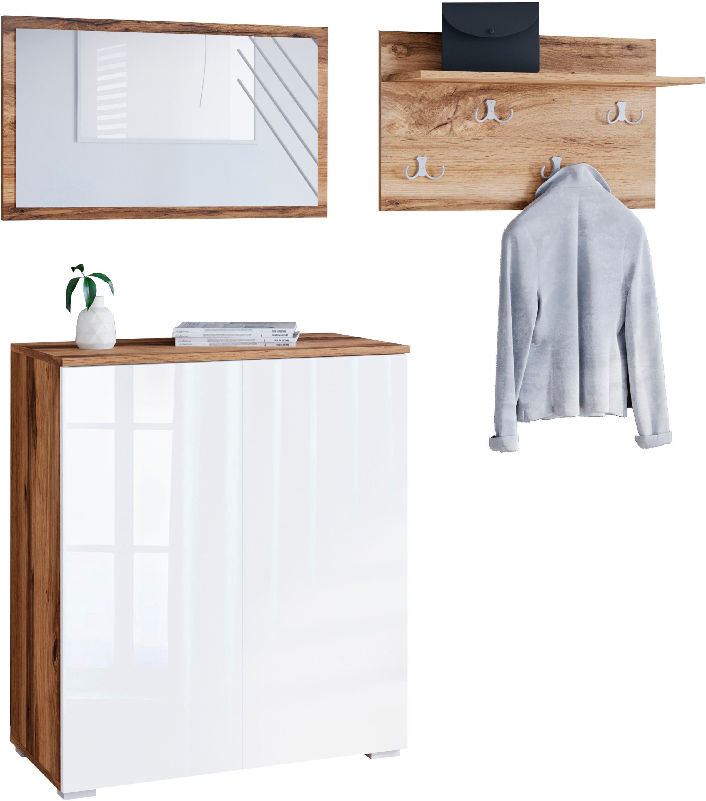 INOSIGN Garderoben-Set »PARIS/ TOKYO«, (Komplett-Set, 3 St.), Kompaktgarderobe Breite 150cm mit Spiegel für Ihren Eingangsbereich