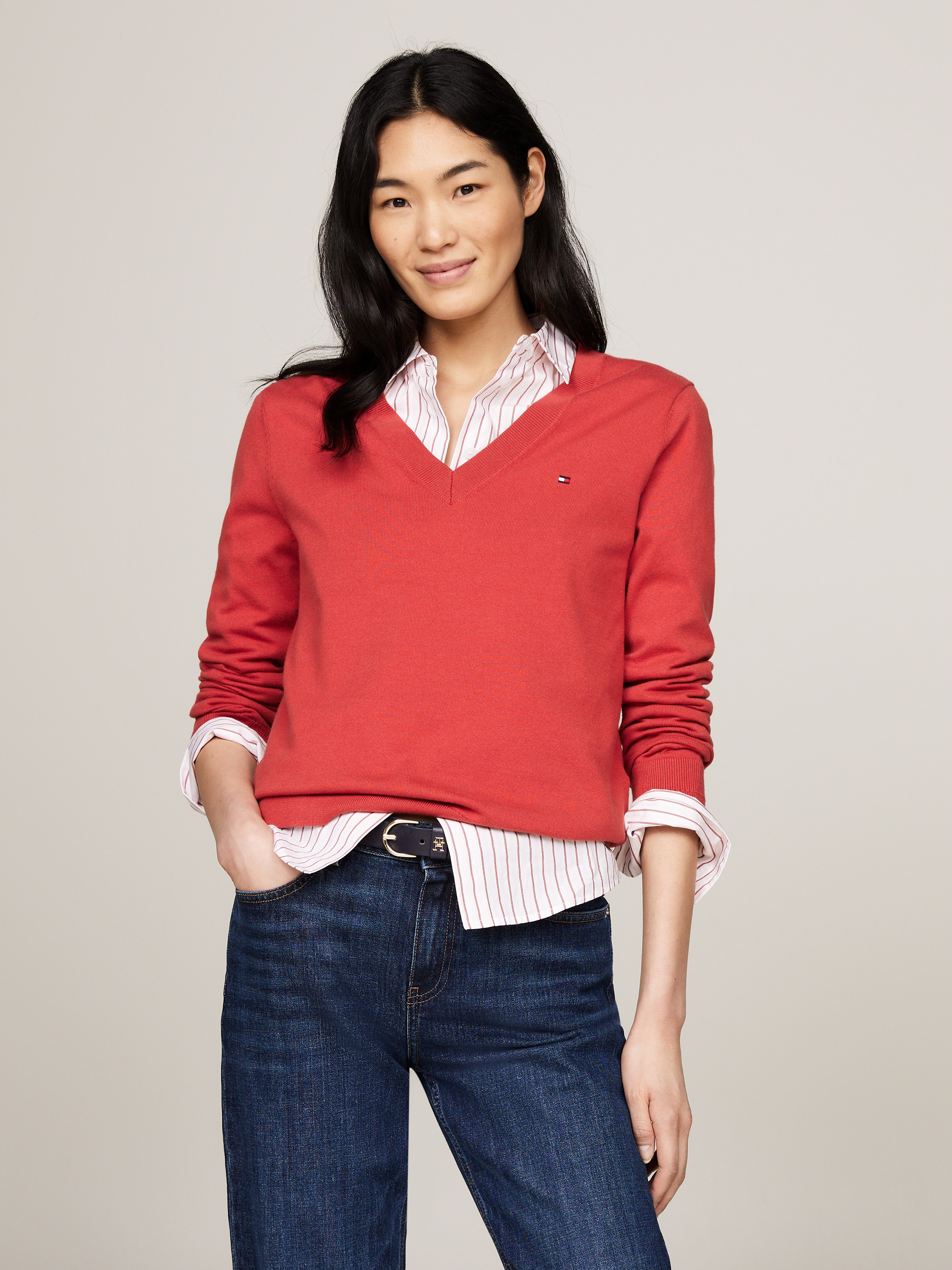 Tommy Hilfiger V-Ausschnitt-Pullover »CO JERSEY STITCH V-NK SWEATER mit V-Ausschnitt und Ripp«, unifarben, casual, regular fit, Baumwollmix, V-Ausschnitt
