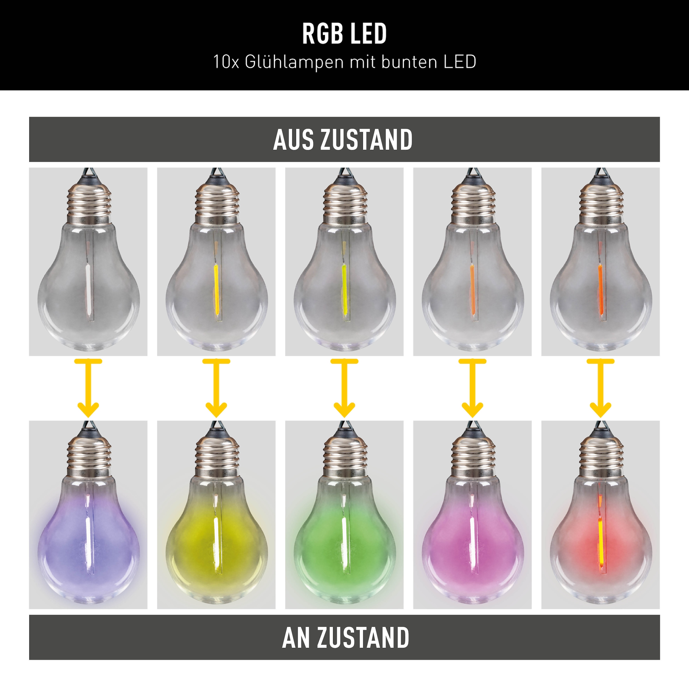 näve LED-Lichterkette »Linda« 10 Stk.-flammig Solar, 10 Glühbirnen klar, RGB-LED, Dämmerungssensor, Zuleitung 180cm