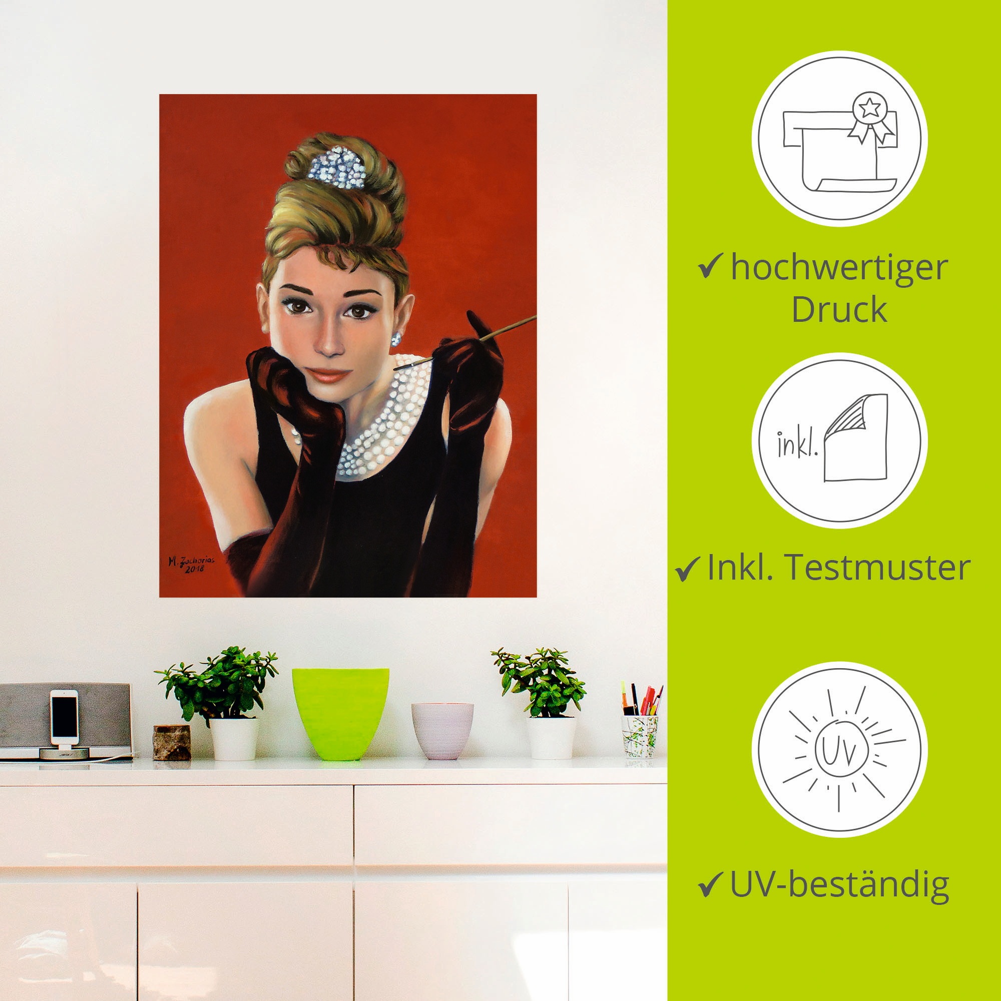 Artland Wandbild »Audrey Hepburn Porträt«, Stars, (1 St.), als Alubild, Outdoorbild, Leinwandbild, Poster, Wandaufkleber
