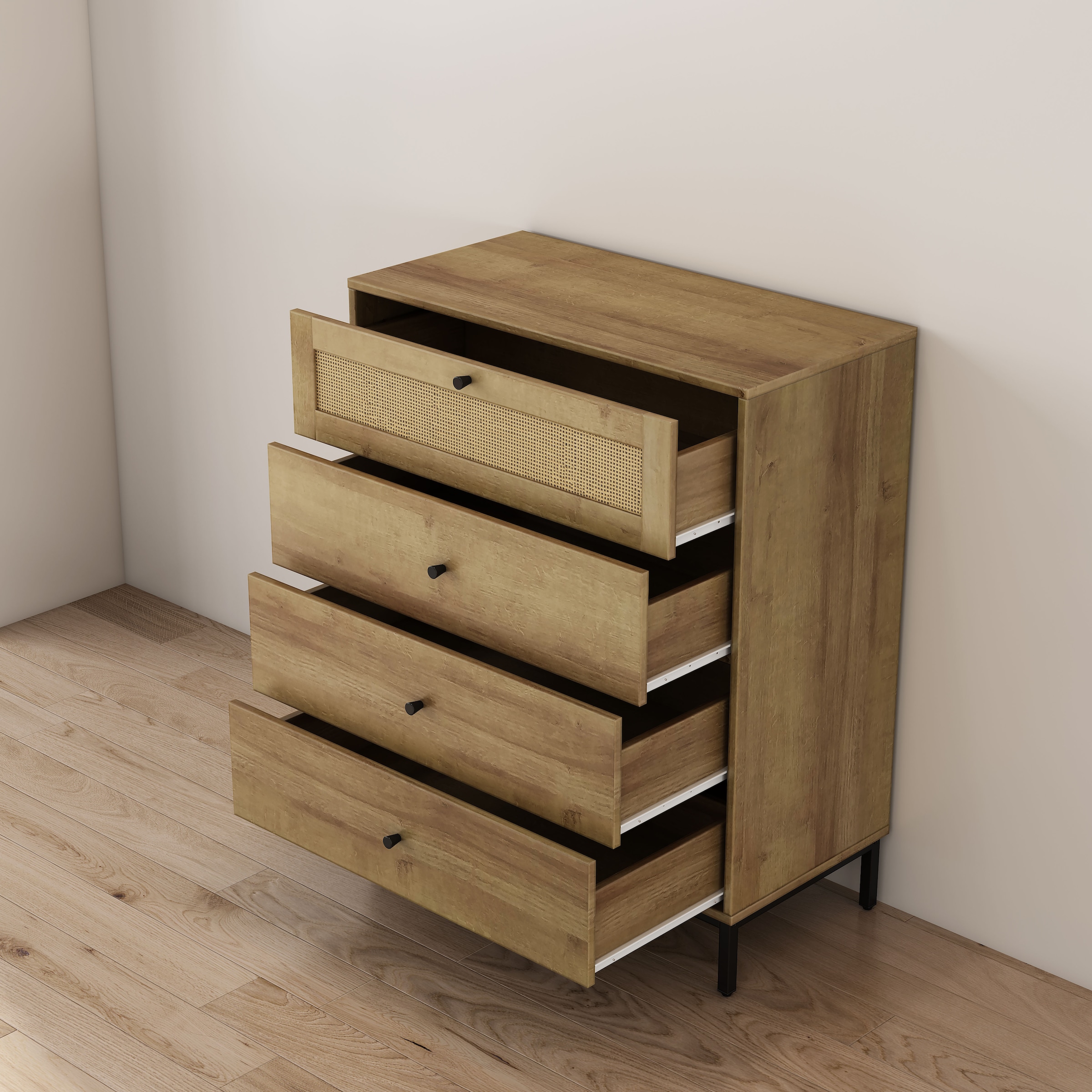 OTTO home Kombikommode »Motala Sideboard Wäscheschrank im BOHO Design Bestseller Kommode« Eichen-Design mit Geflecht Schublade und schwarzen Griffen,  Schrank Schlafzimmer mit 4 Schubladen hochwertig