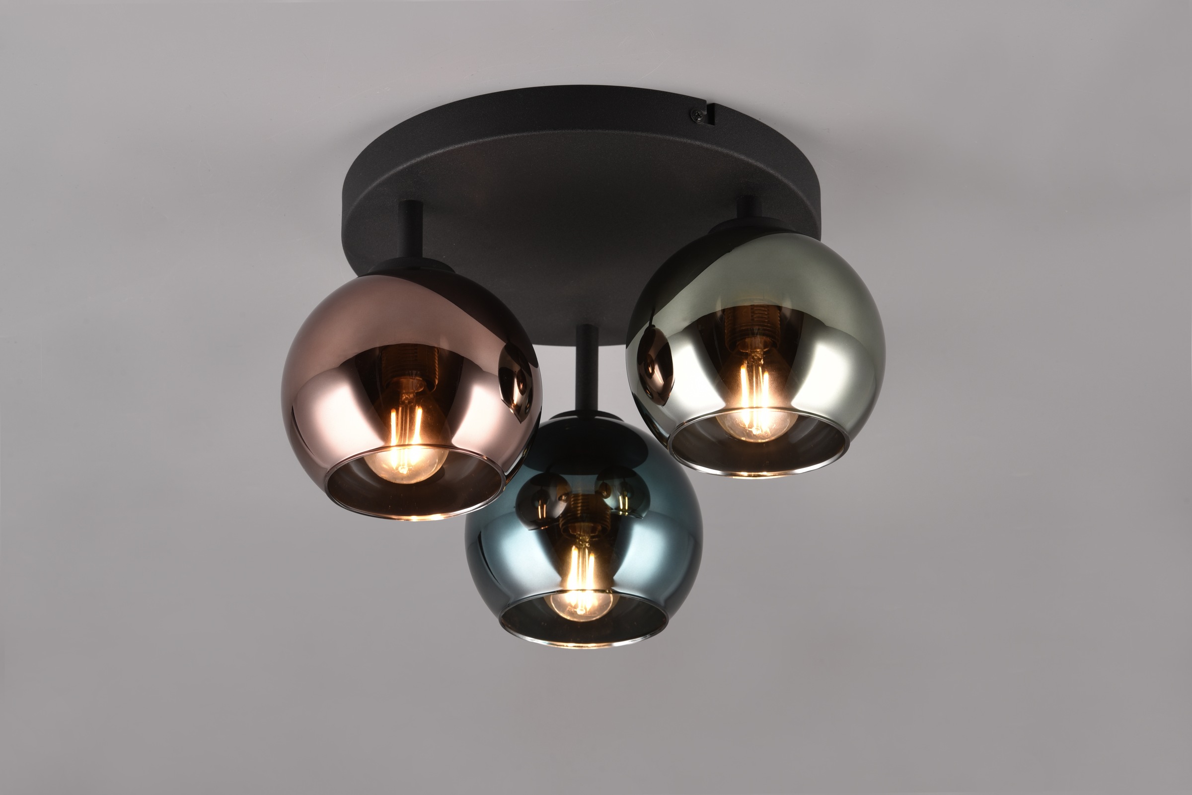 REALITY Leuchten Deckenleuchte »SHELDON, Deckenlampe 3-flammig exkl 3x E14 max 10W Glasschirme bunt«, 3 flammig, Leuchtmittel E14 | Leuchtmittel wechselbar, Ø gesamt 33cm, Deckenleuchte blau grün + kupfer Glas verspiegelt