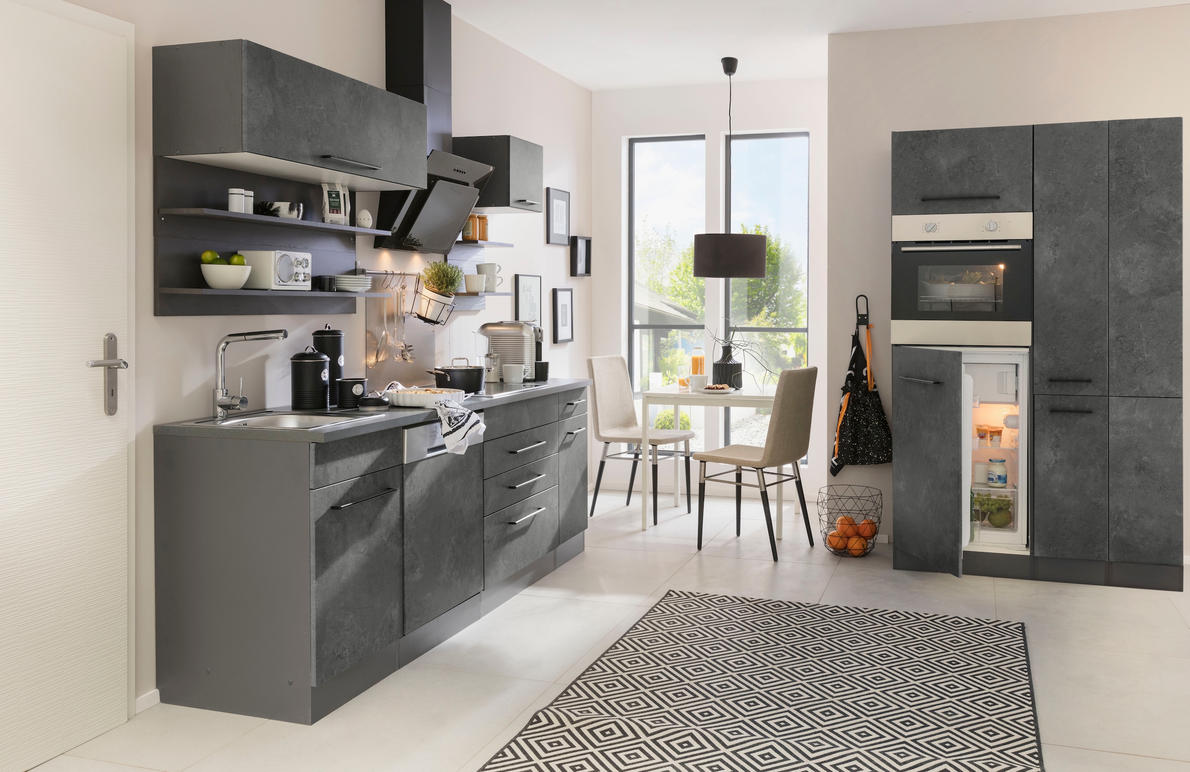 KOCHSTATION Küchenzeile »KS-Tulsa«, ohne E-Geräte, Breite 320 cm, schwarze Metallgriffe, MDF Fronten