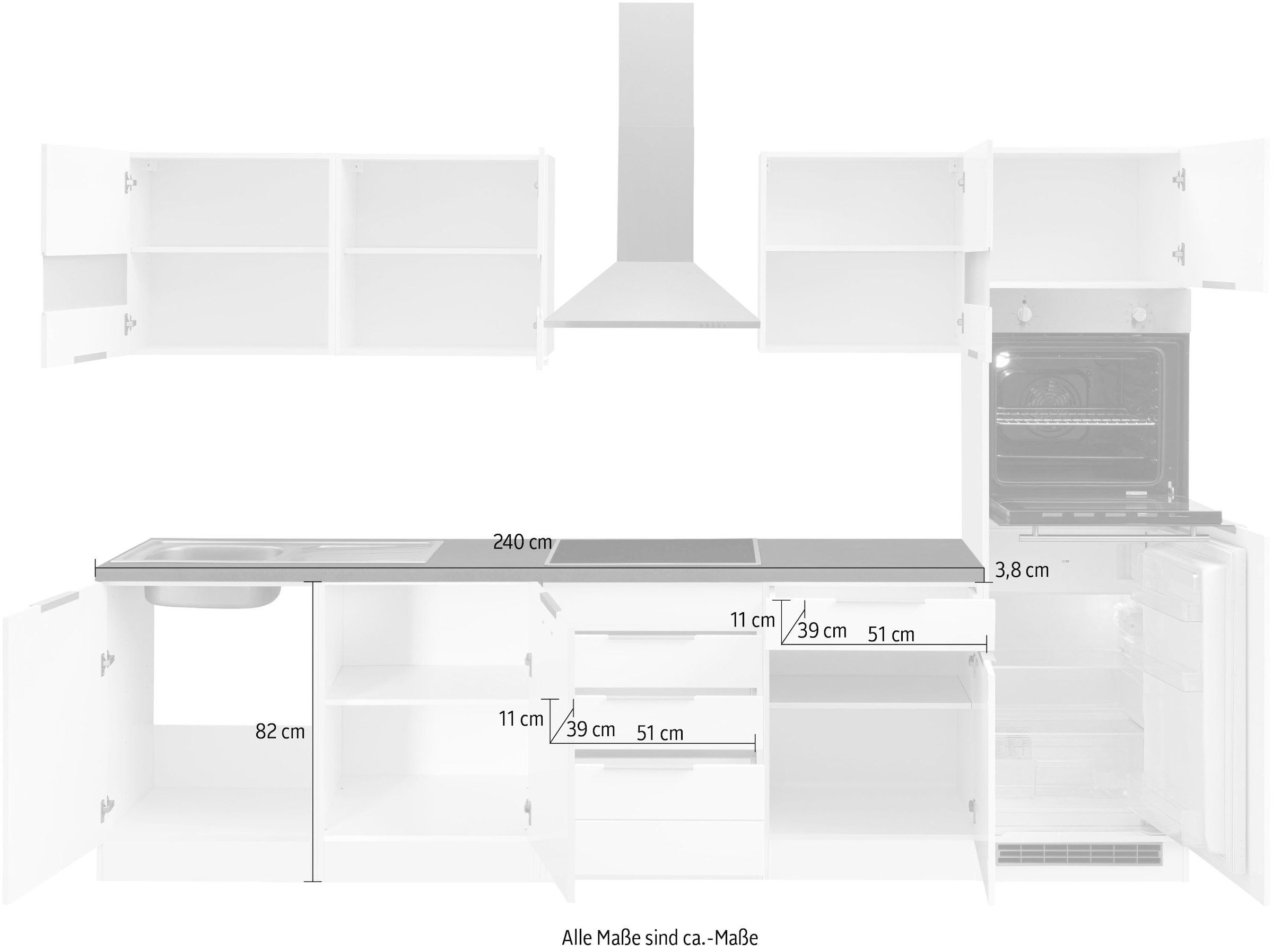 KOCHSTATION Küchenzeile »KS-Luhe« 300 cm breit, wahlweise mit oder ohne E-Geräten, gefräste MDF-Fronten