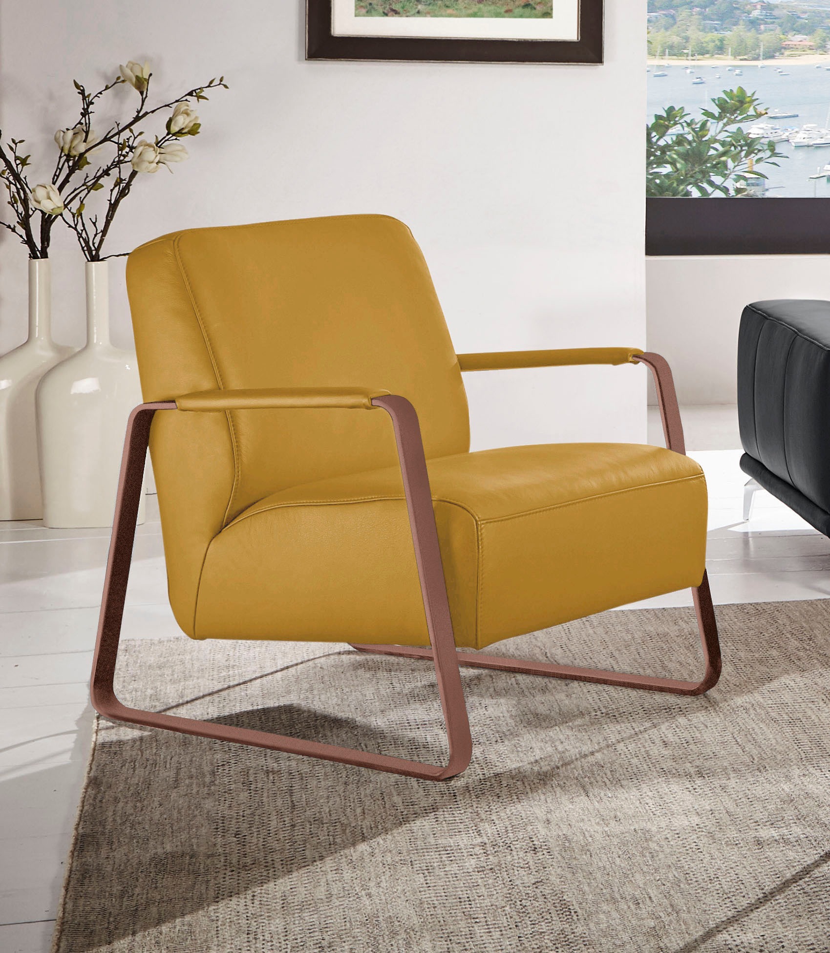 W.SCHILLIG Cocktailsessel »quadroo«, in Trendfarbe Kurkuma, mit bezogenen Armlehnen, Gestell in Bronze pulverbeschichtet