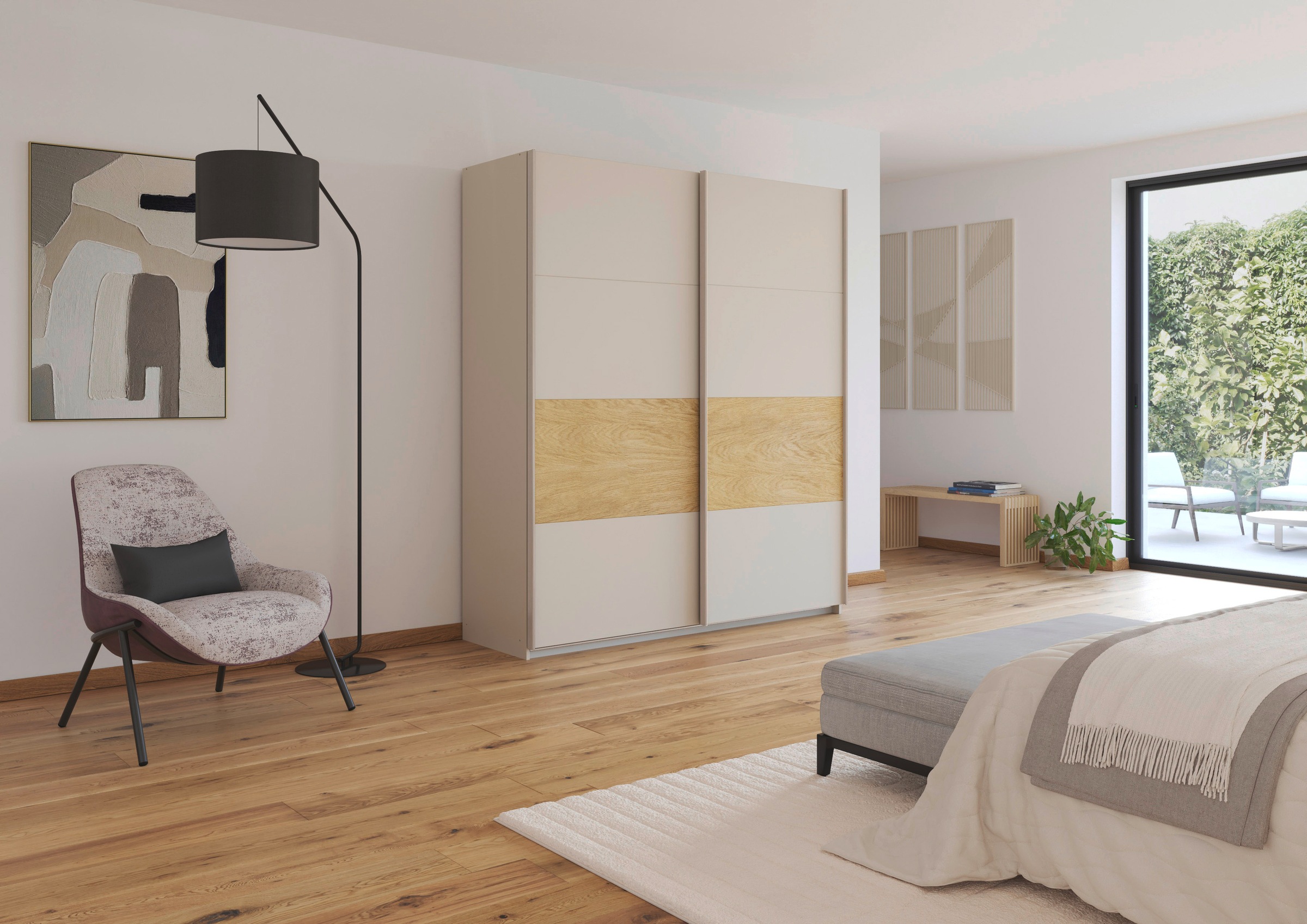 rauch Schwebetürenschrank »Kleiderschrank Schrank Garderobe Schlafzimmerschrank MALVA« Bauchbinde abgesetzt in gebürstetem Eiche Furnier MADE IN GERMANY