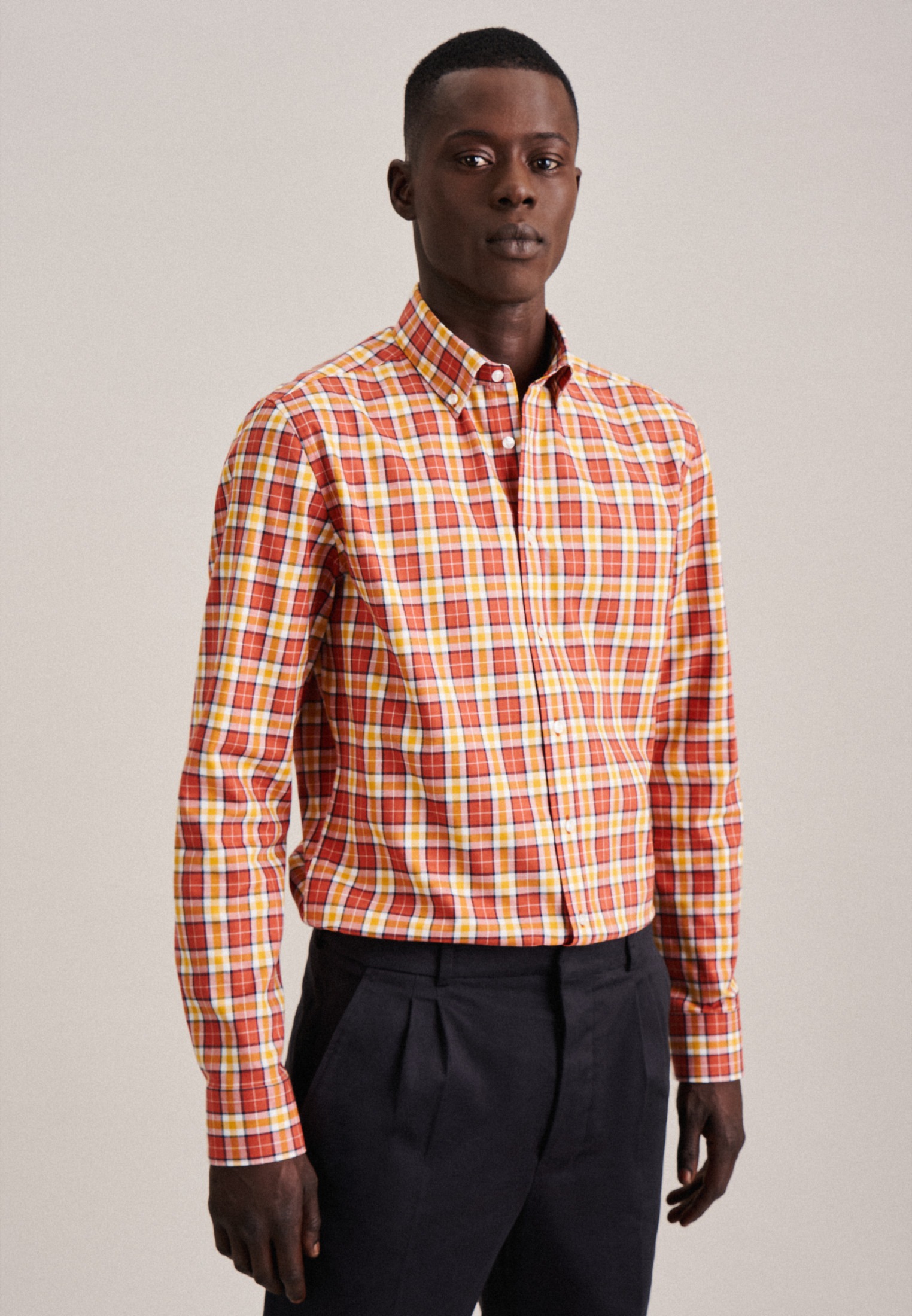 Seidensticker Herren Flanellhemd »Shaped« Shaped Langarm Button-Down-Kragen Karo in orange, Größe XL (44)