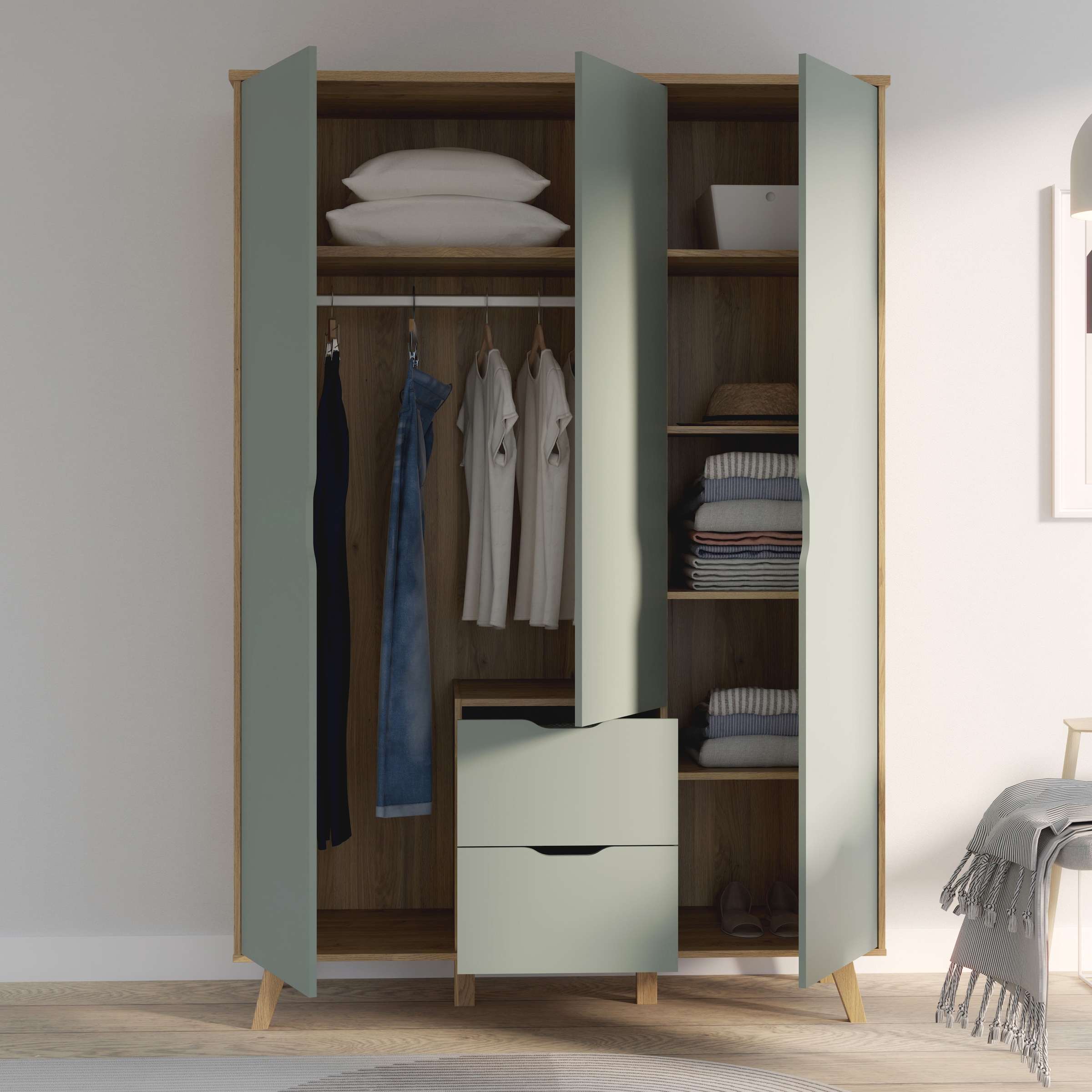 FORTE Drehtürenschrank »Vankka, OTTOs Choice, Kleiderschrank, viel Stauraum,«, (B/H/T ca.140x200x52cm), Made in Europe,mit Einlegeböden+Kleiderstange+Schubladen,grifflos