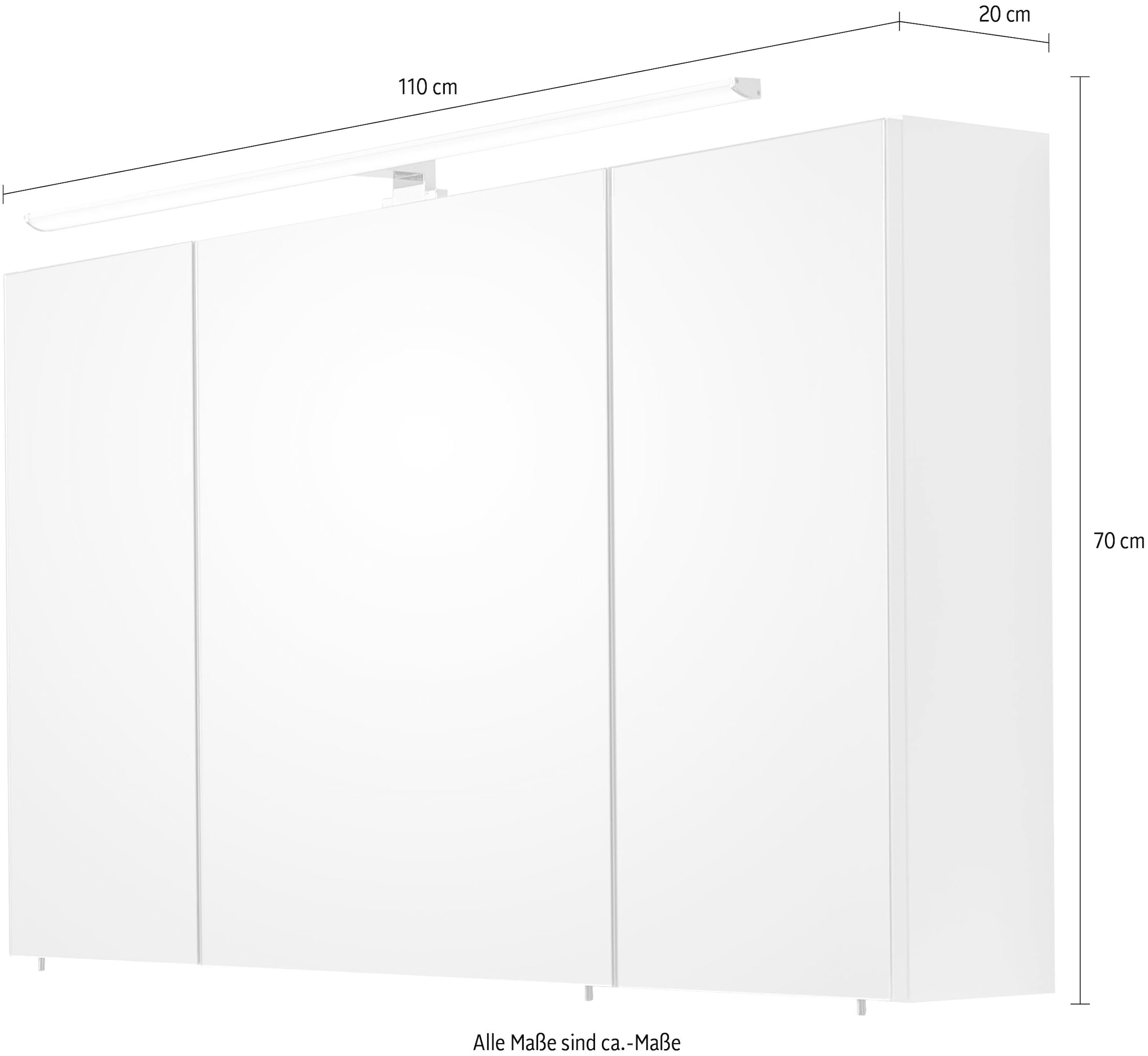Saphir Spiegelschrank »Quickset 360 Badschrank, 3 Spiegeltüren, 6 Einlegeböden, 110 cm breit«, inkl. LED-Beleuchtung, Türdämpfer, Schalter-/Steckdosenkombination