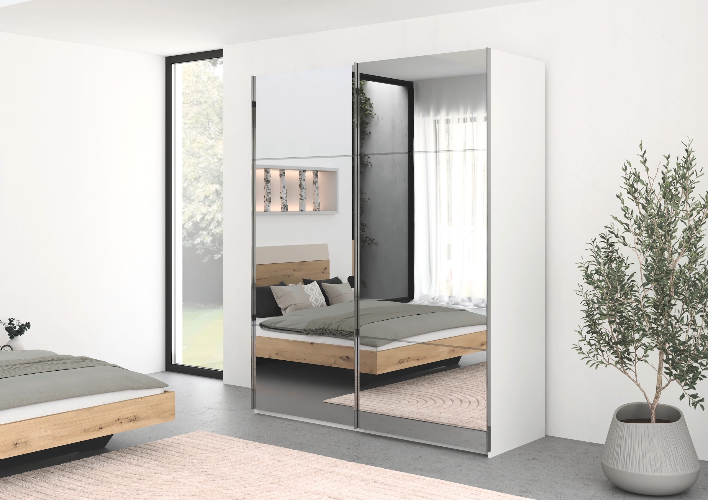 rauch Schwebetürenschrank »Kleiderschrank Schrank Garderobe Schlafzimmerschrank SCALE-TRIO« edle dreigeteilte Front mit 2 Zierleisten Spiegelfront MADE IN GERMANY