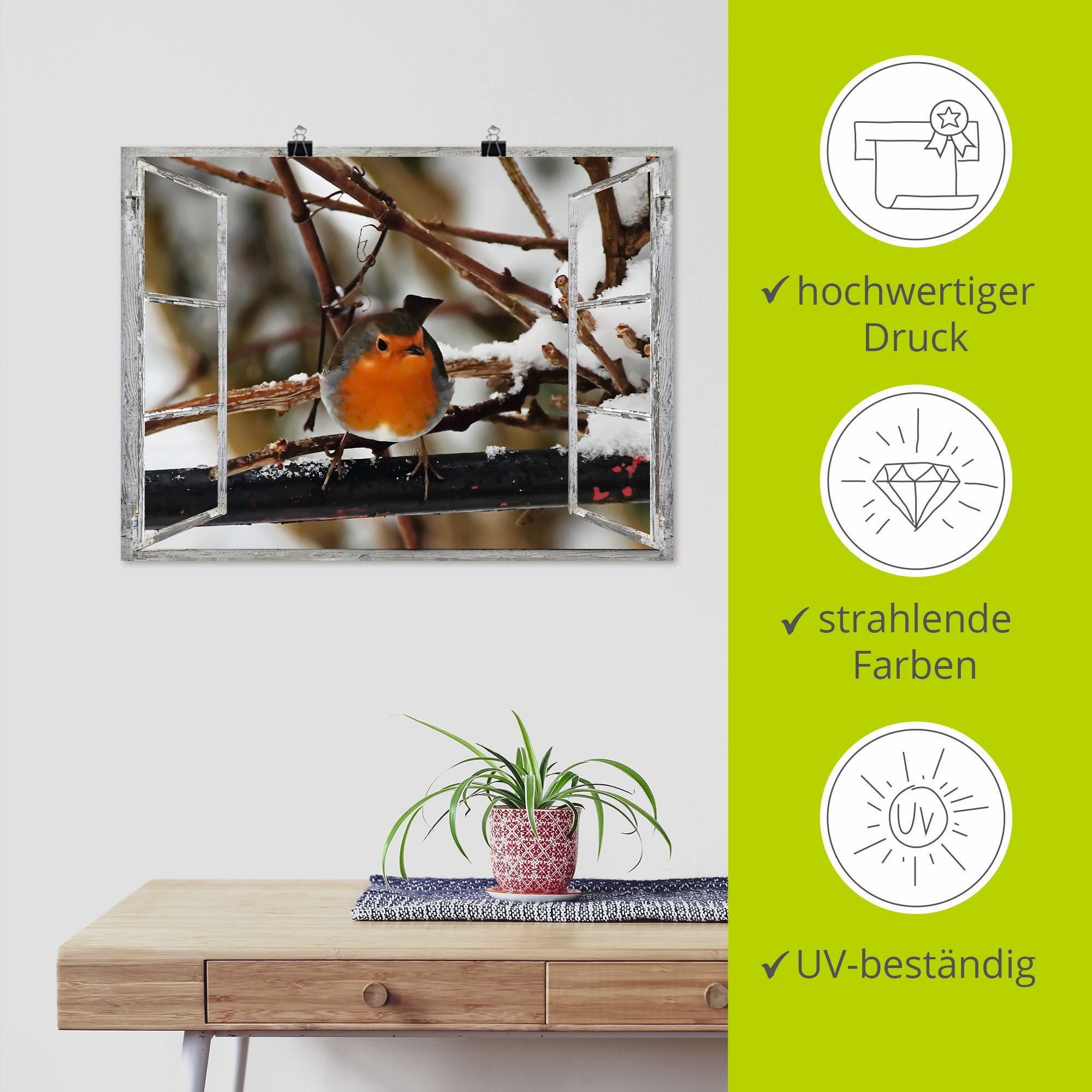 Artland Wandbild »Fensterbild - Rotkehlchen«, Vögel, (1 St.), als Poster, Wandaufkleber in verschied. Größen