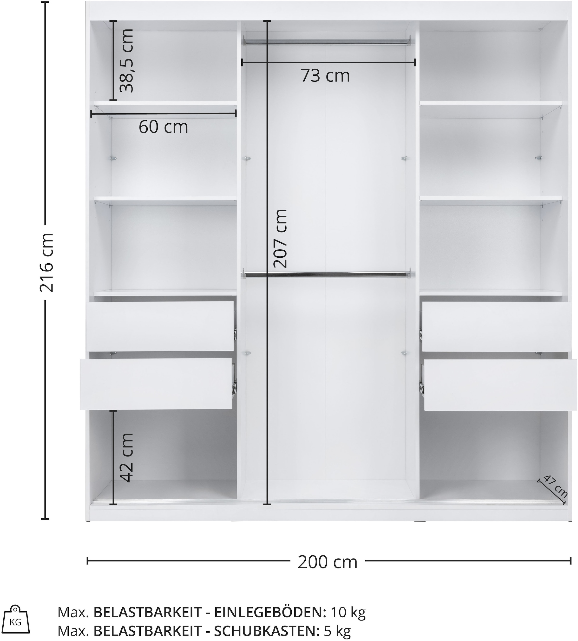 OTTO home Schwebetürenschrank »Tonara Schrank, Kleiderschrank 2,00m Breite, Schiebetürenschrank« Schrank mit leichtgängiger Schiebetür, in 4 Farben , Top Ausstattung,  inklusive Spiegeltür, 2 Kleiderstangen & 4 Schubkastenauszügen