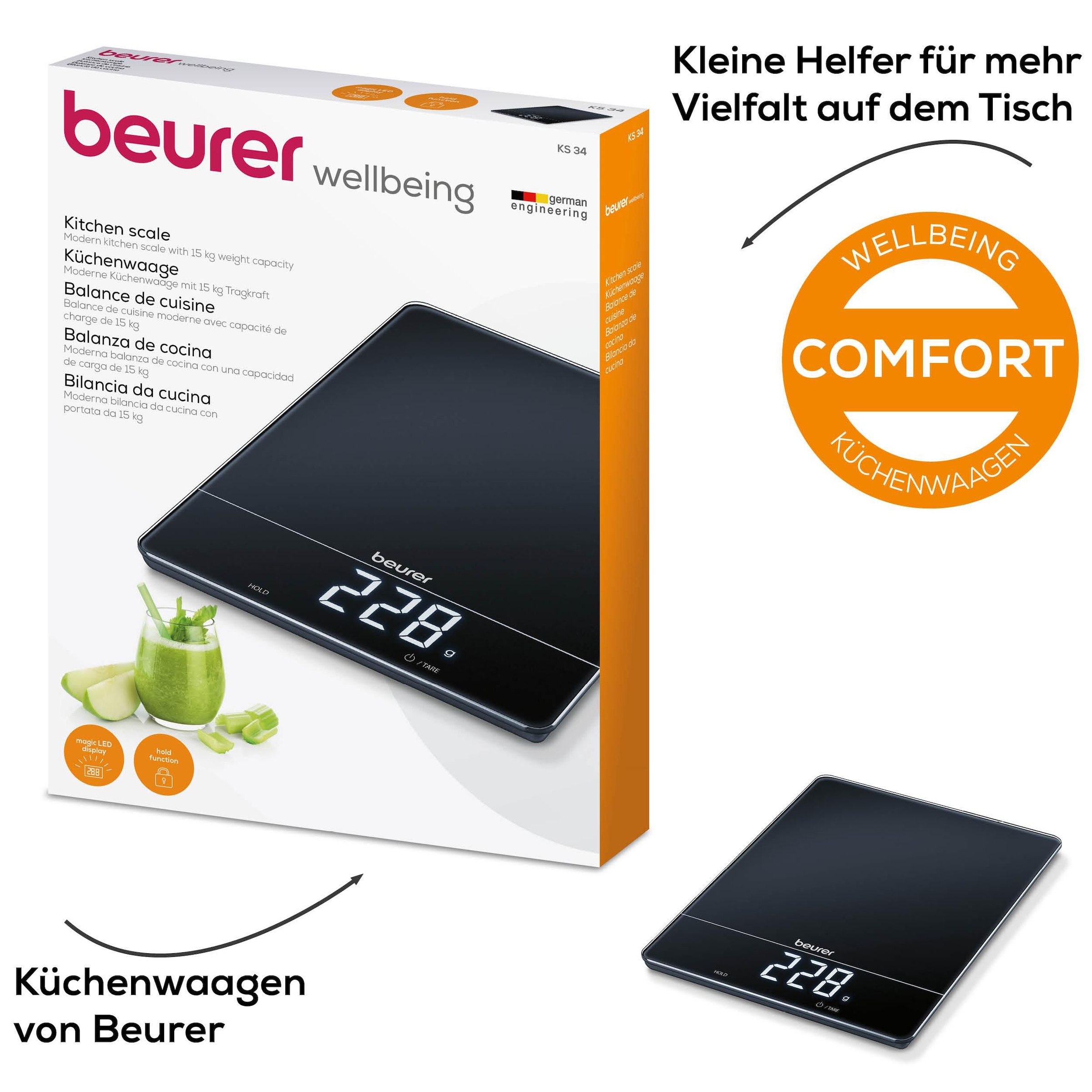 BEURER Küchenwaage »KS 34 mit Tara-Zuwiegefunktion«, Mit modernen Sensortasten, Display erscheint nur während Messung