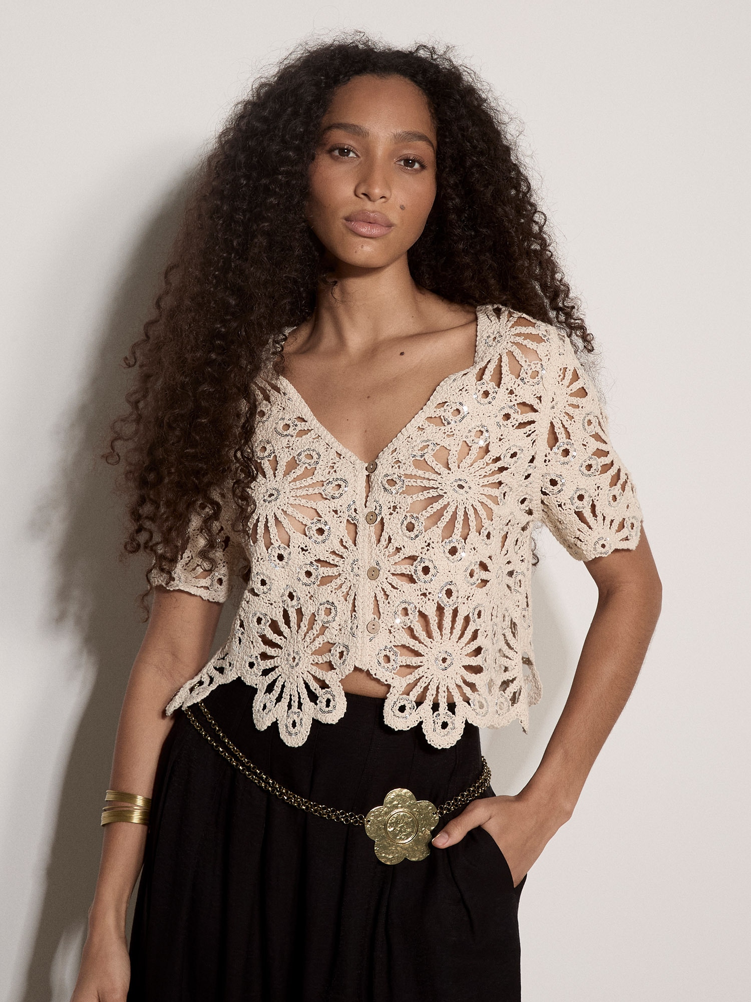 Apricot Stricktop »Top« Häkelverzierungen